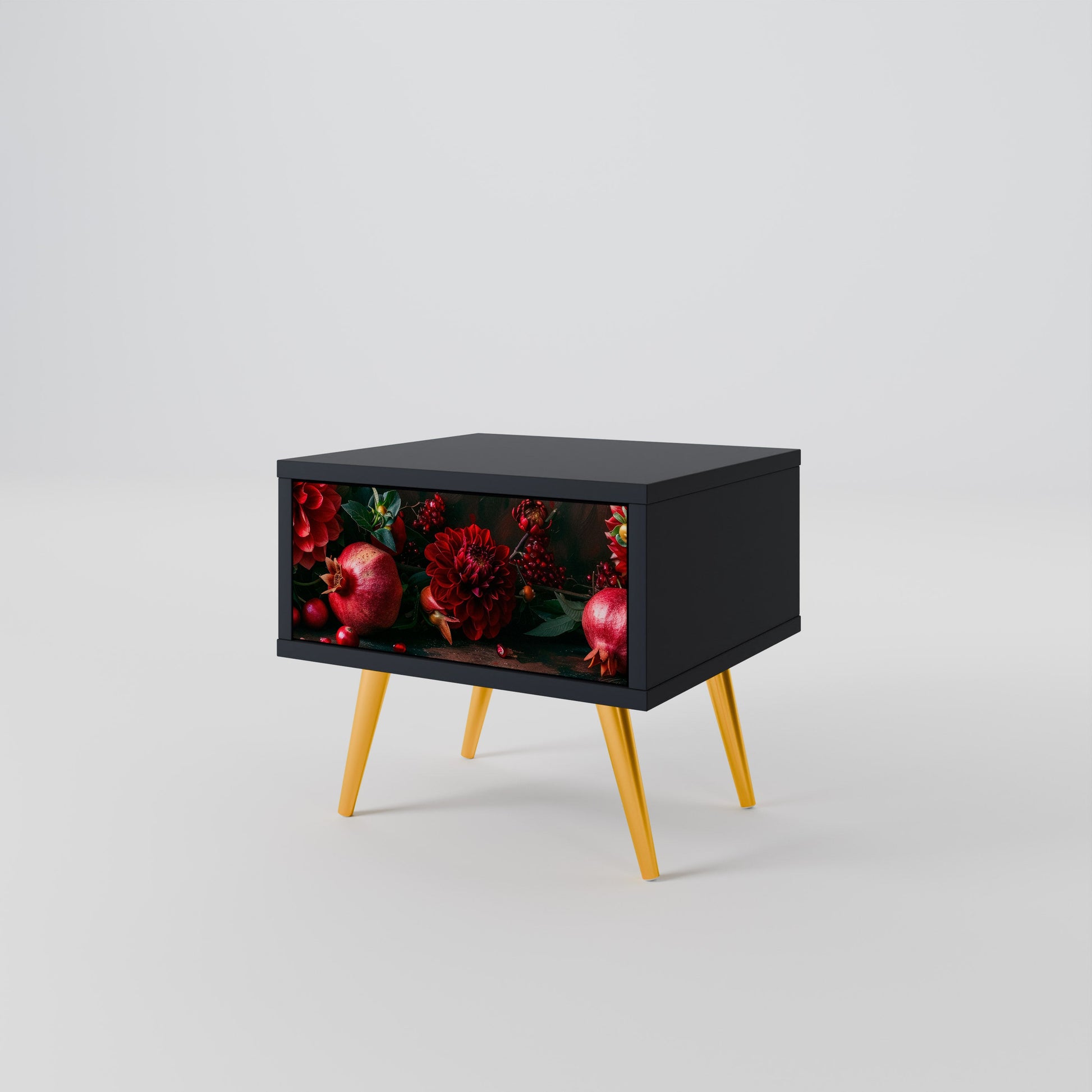 Table de chevet DAHLIAS ET GRENADES en finition noire