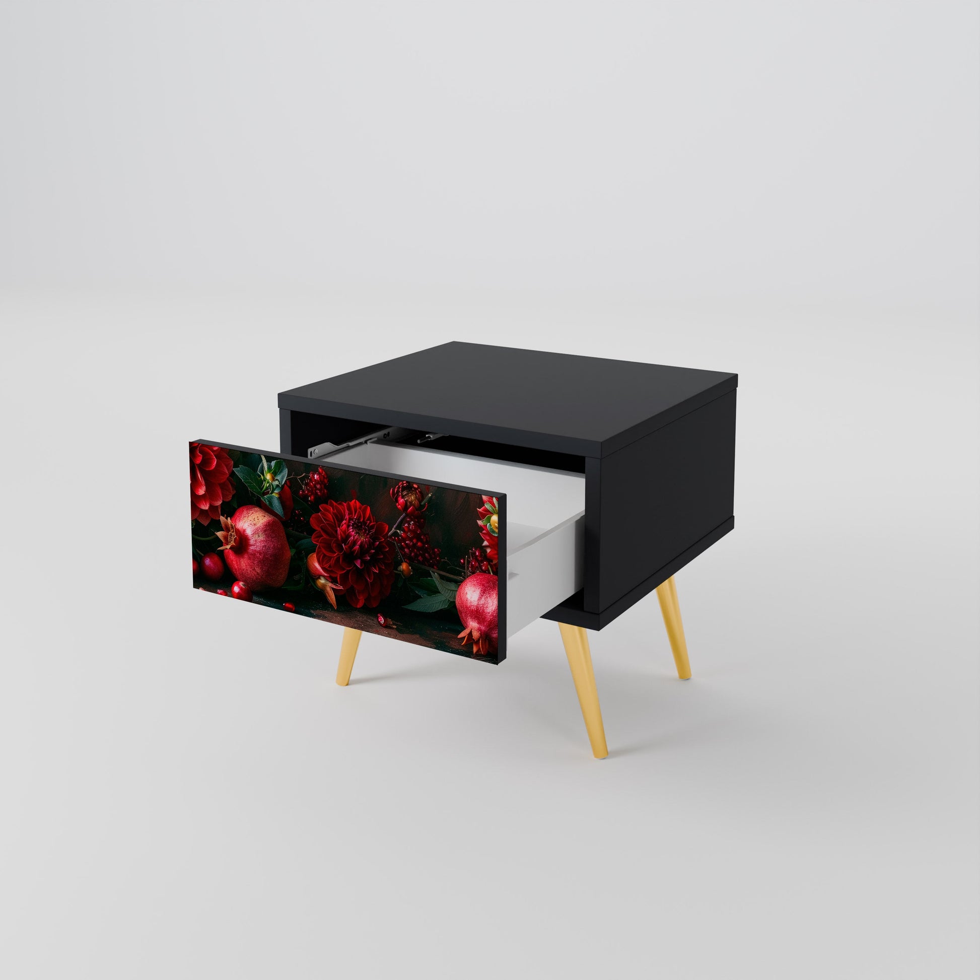 Table de chevet DAHLIAS ET GRENADES en finition noire