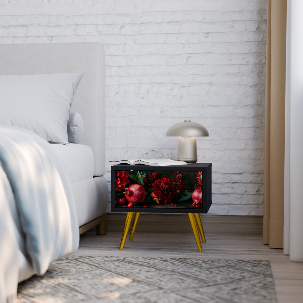 Table de chevet DAHLIAS ET GRENADES en finition noire