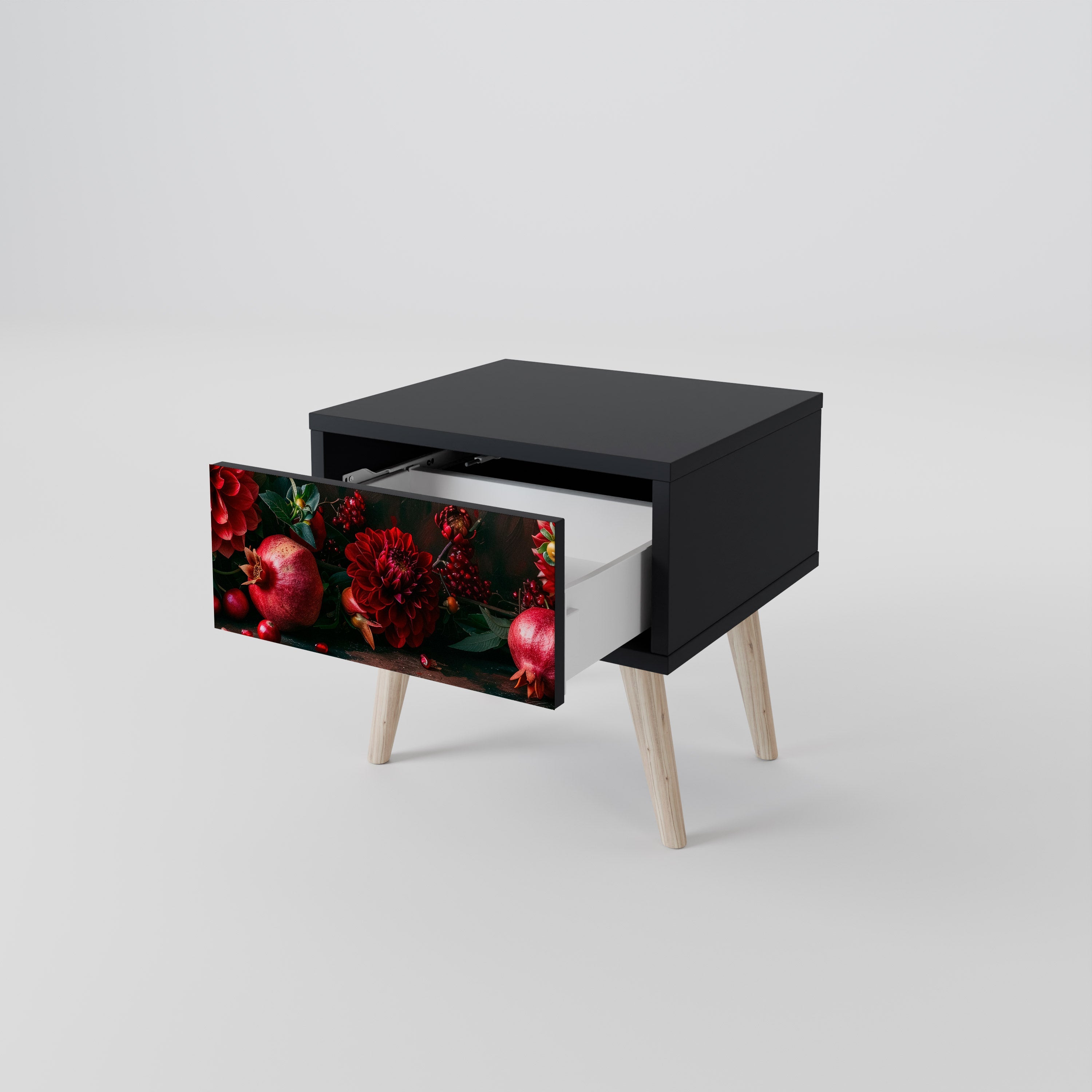 Table de chevet DAHLIAS ET GRENADES en finition noire