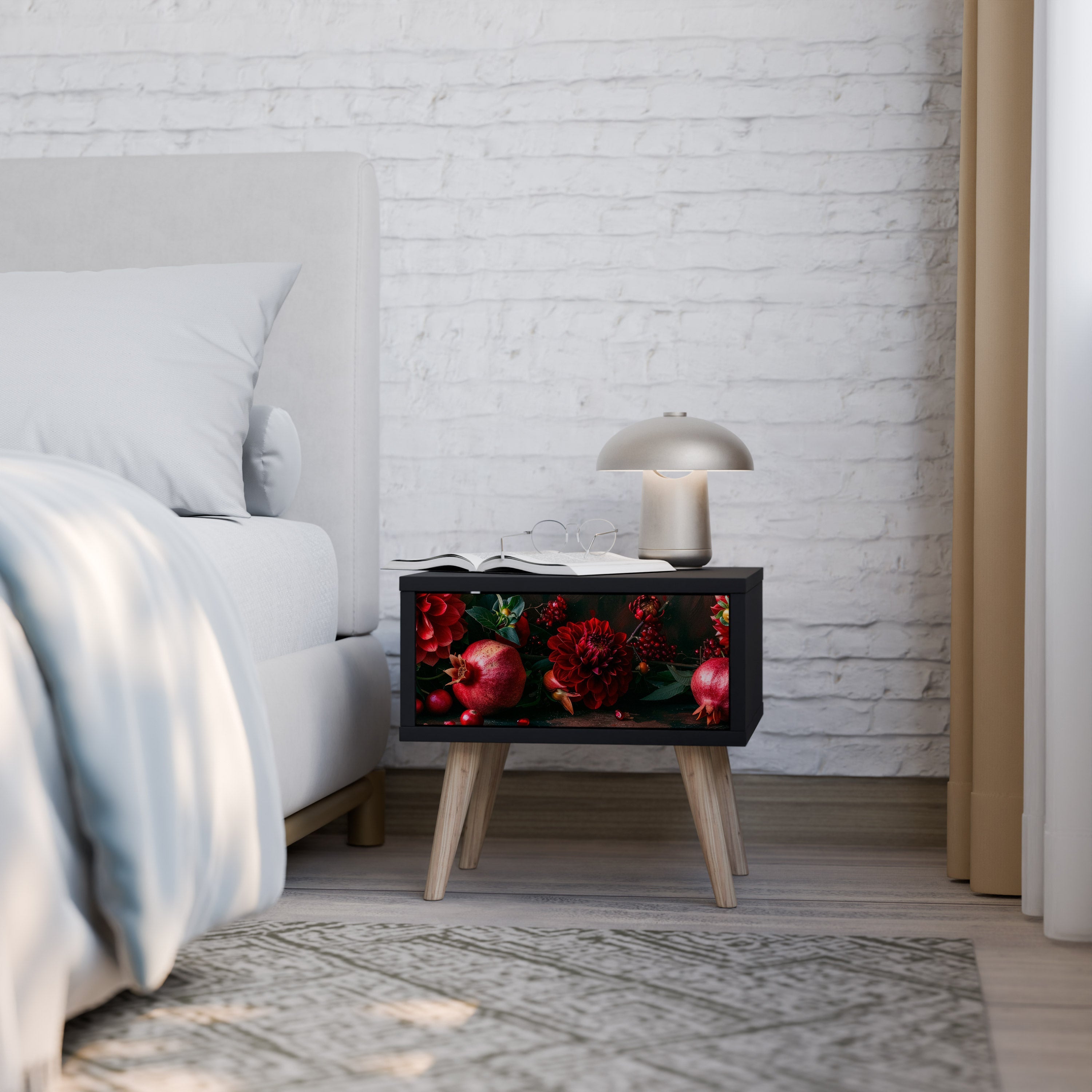 Table de chevet DAHLIAS ET GRENADES en finition noire