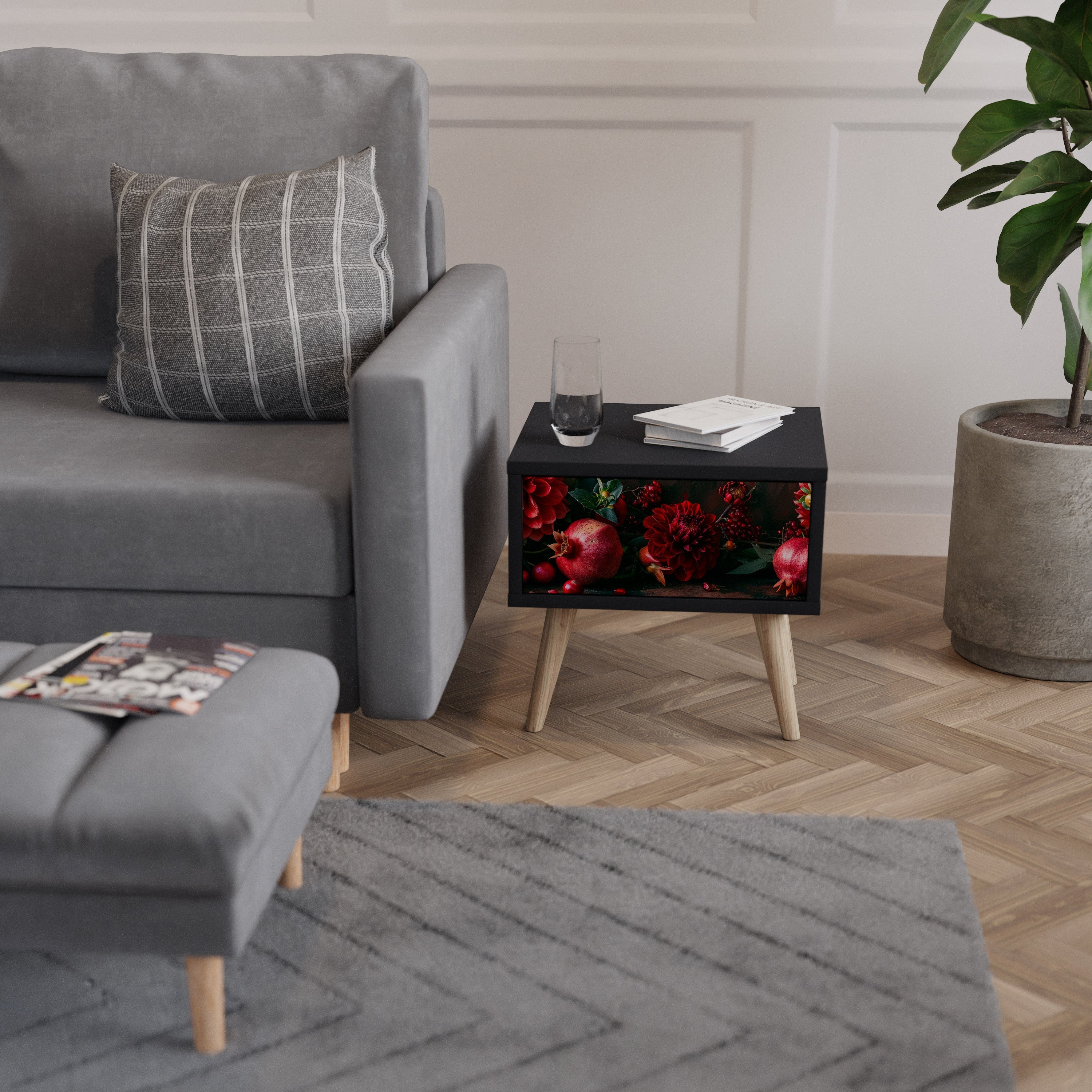 Table de chevet DAHLIAS ET GRENADES en finition noire