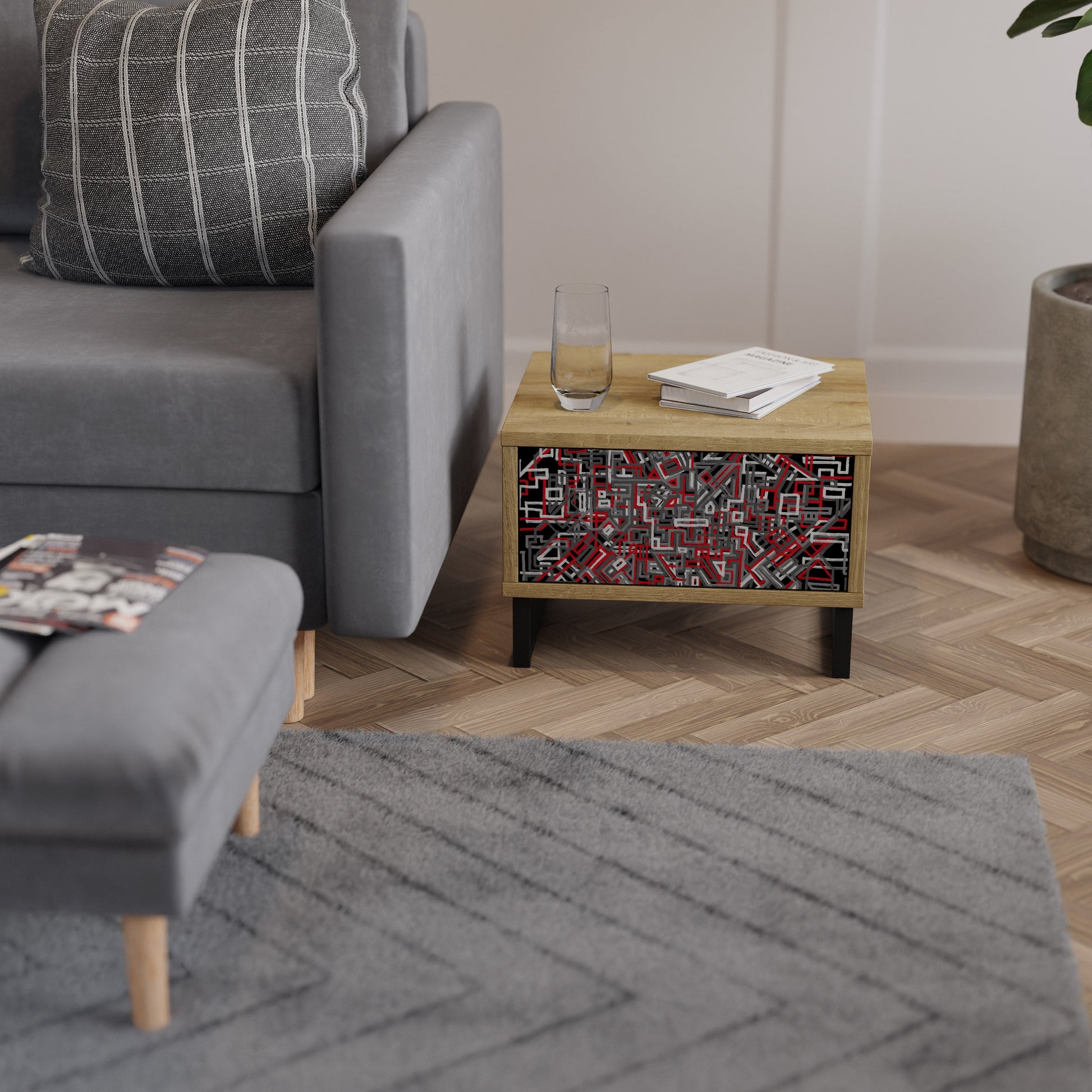 BROKEN LINES Nightstand in Oak Effect