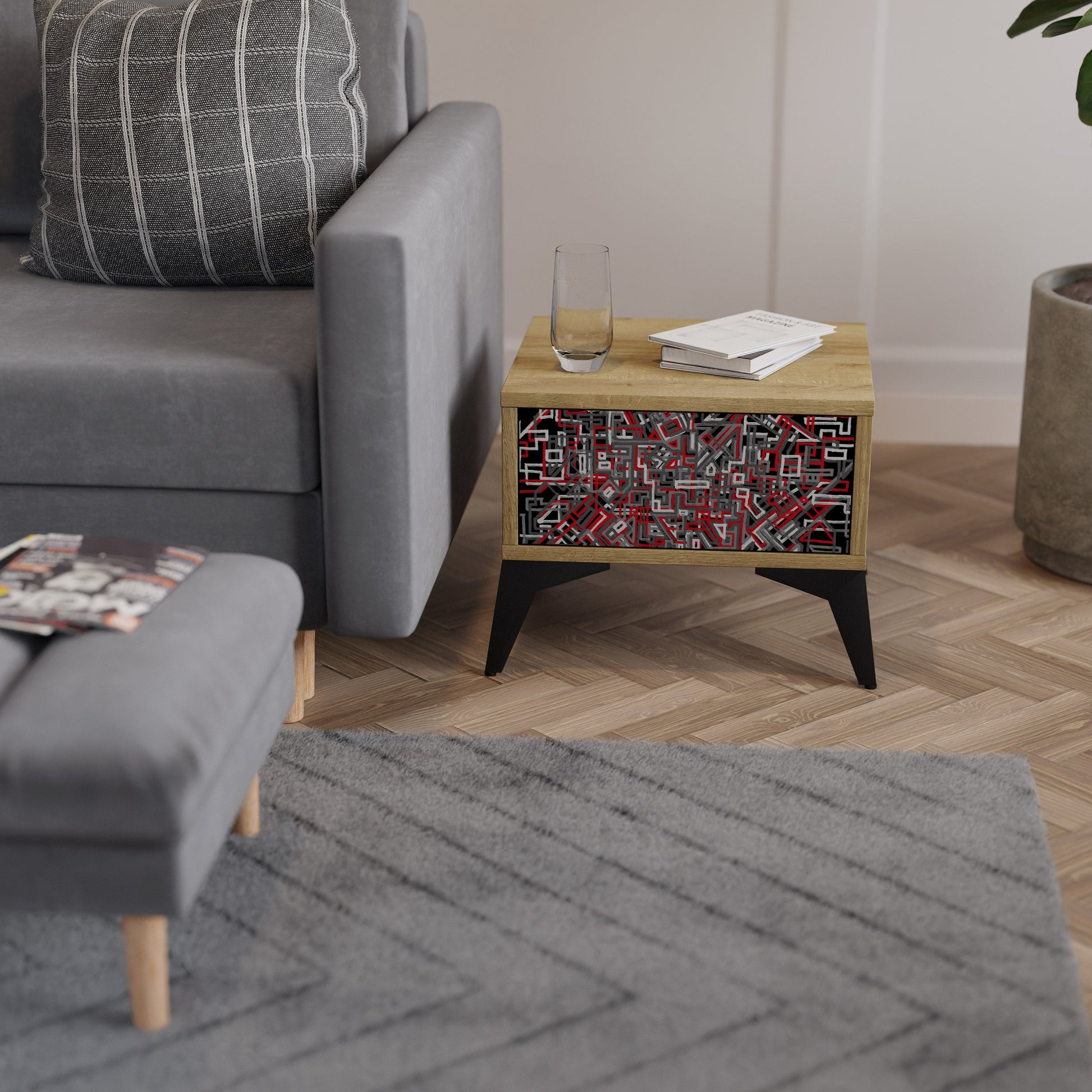 BROKEN LINES Nightstand in Oak Effect