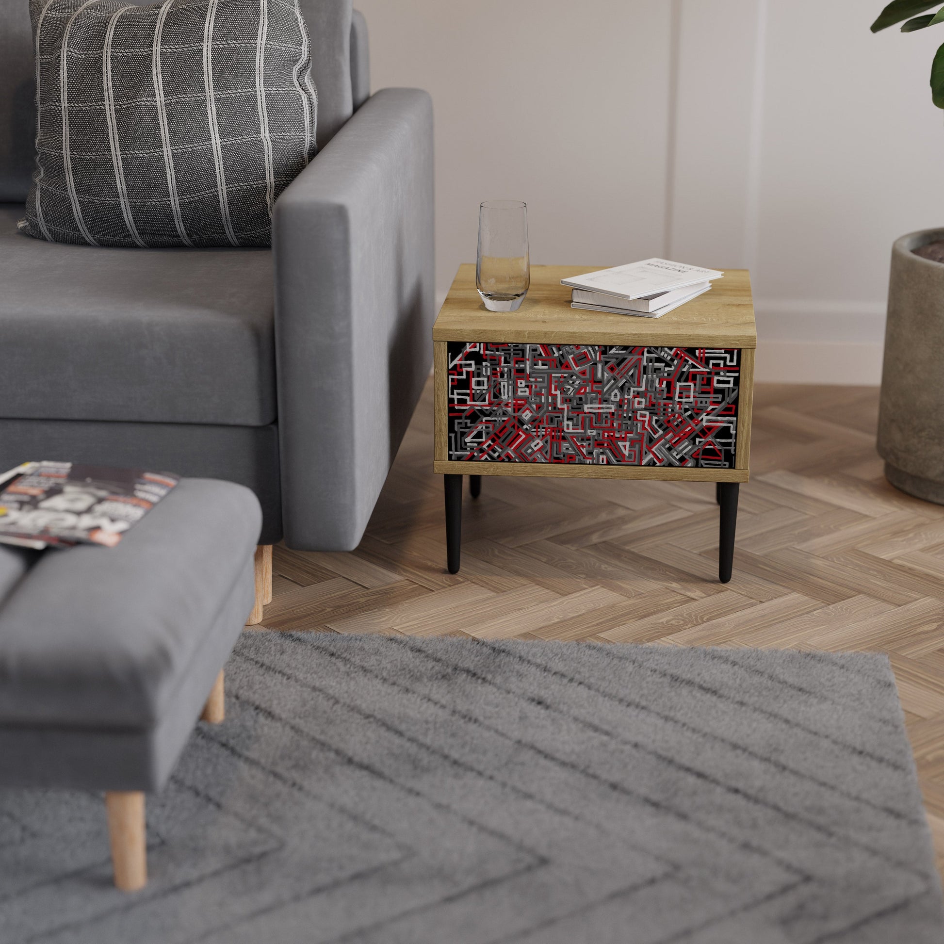 BROKEN LINES Nightstand in Oak Effect