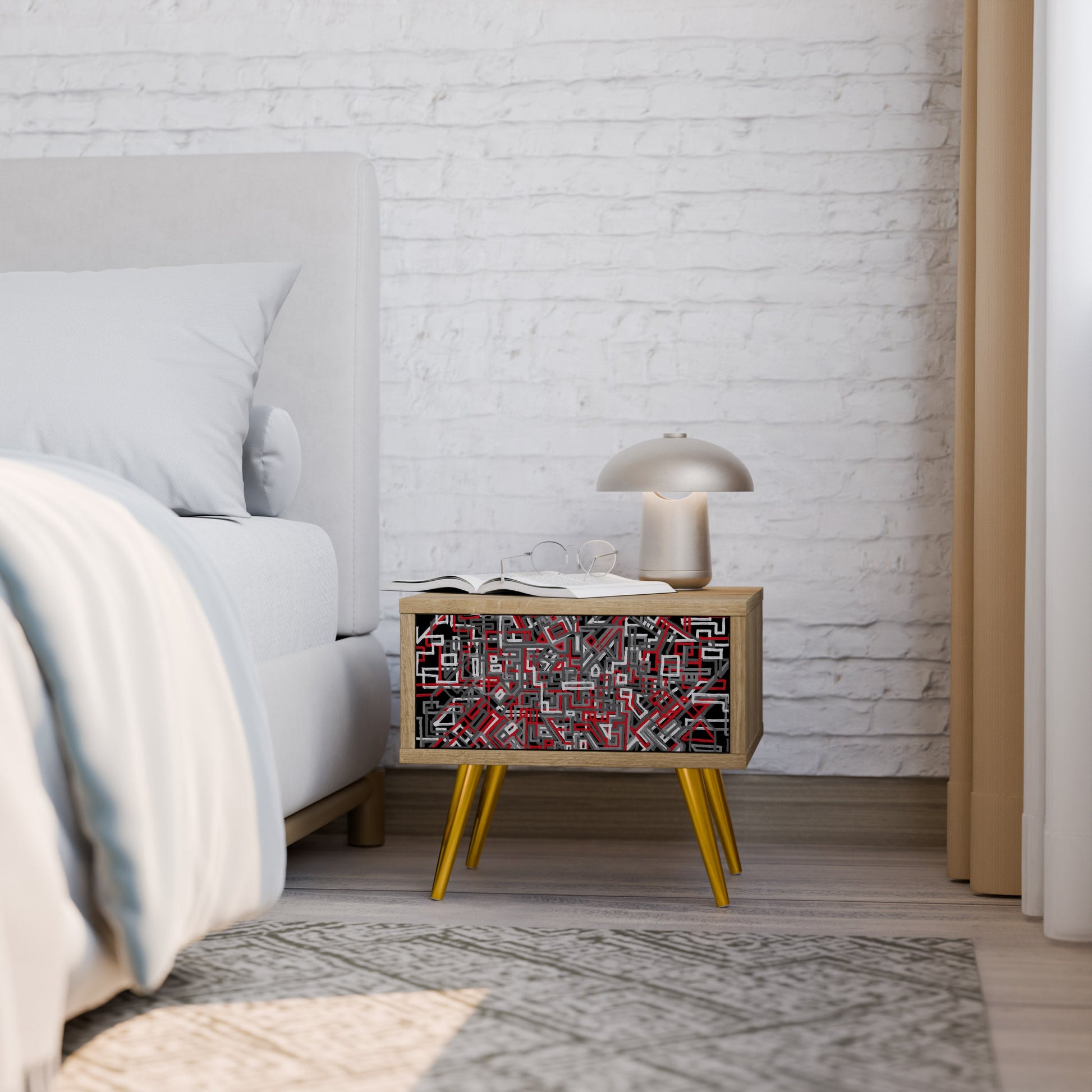BROKEN LINES Nightstand in Oak Effect
