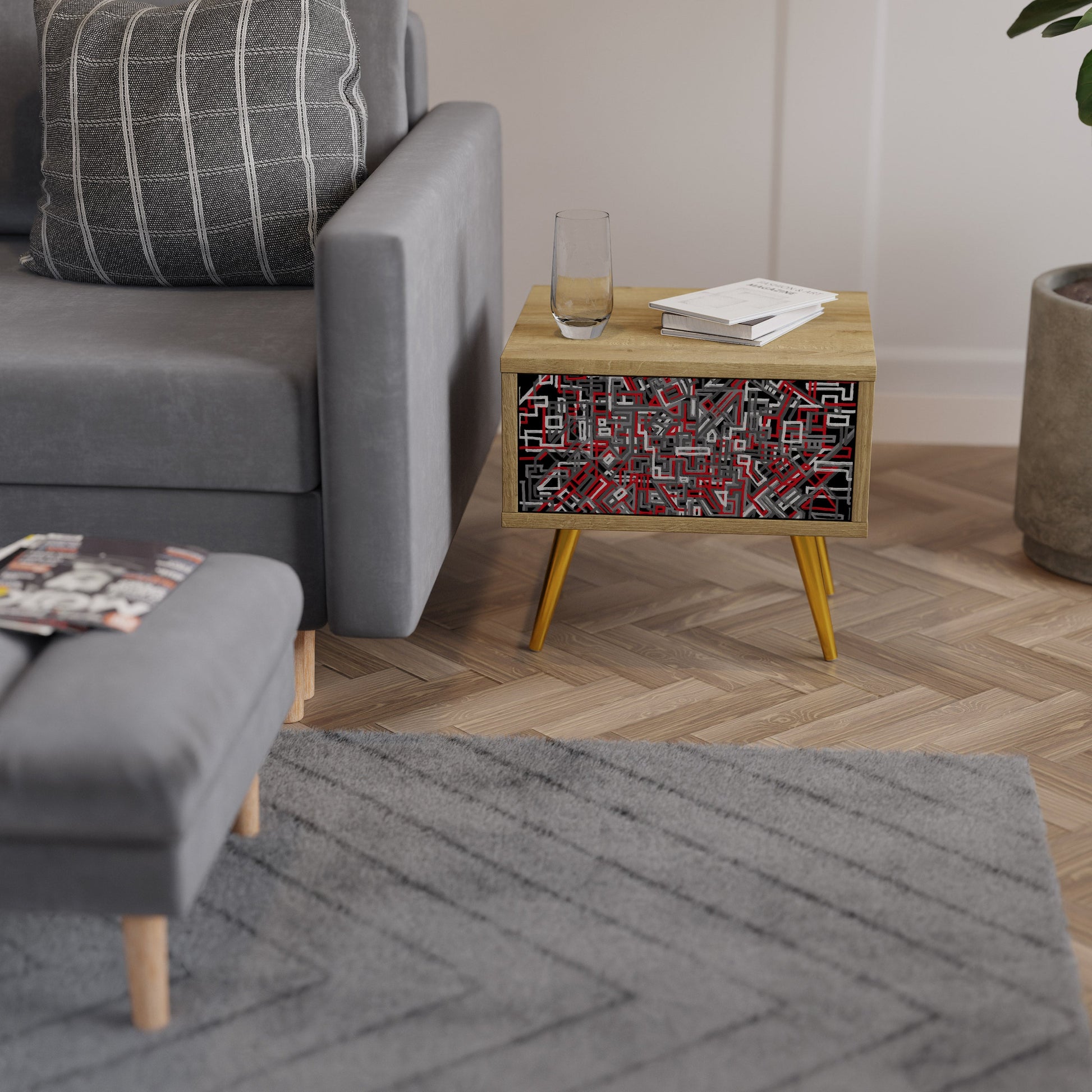 BROKEN LINES Nightstand in Oak Effect