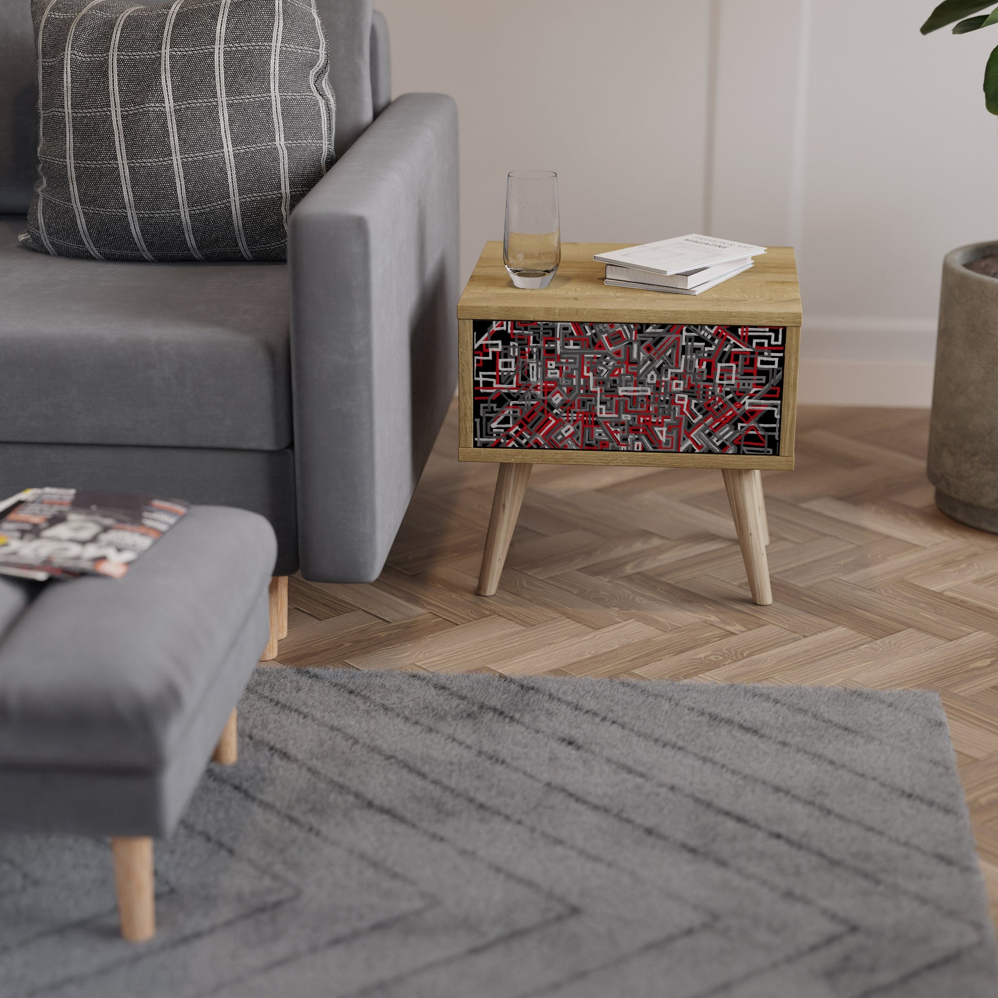 BROKEN LINES Nightstand in Oak Effect