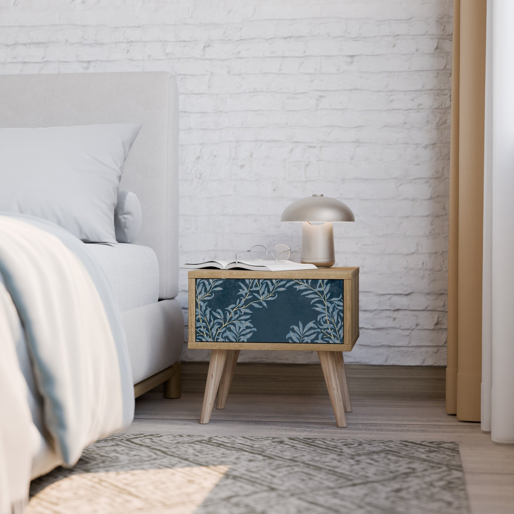 BLUE LEAVES Nightstand in Oak Effect