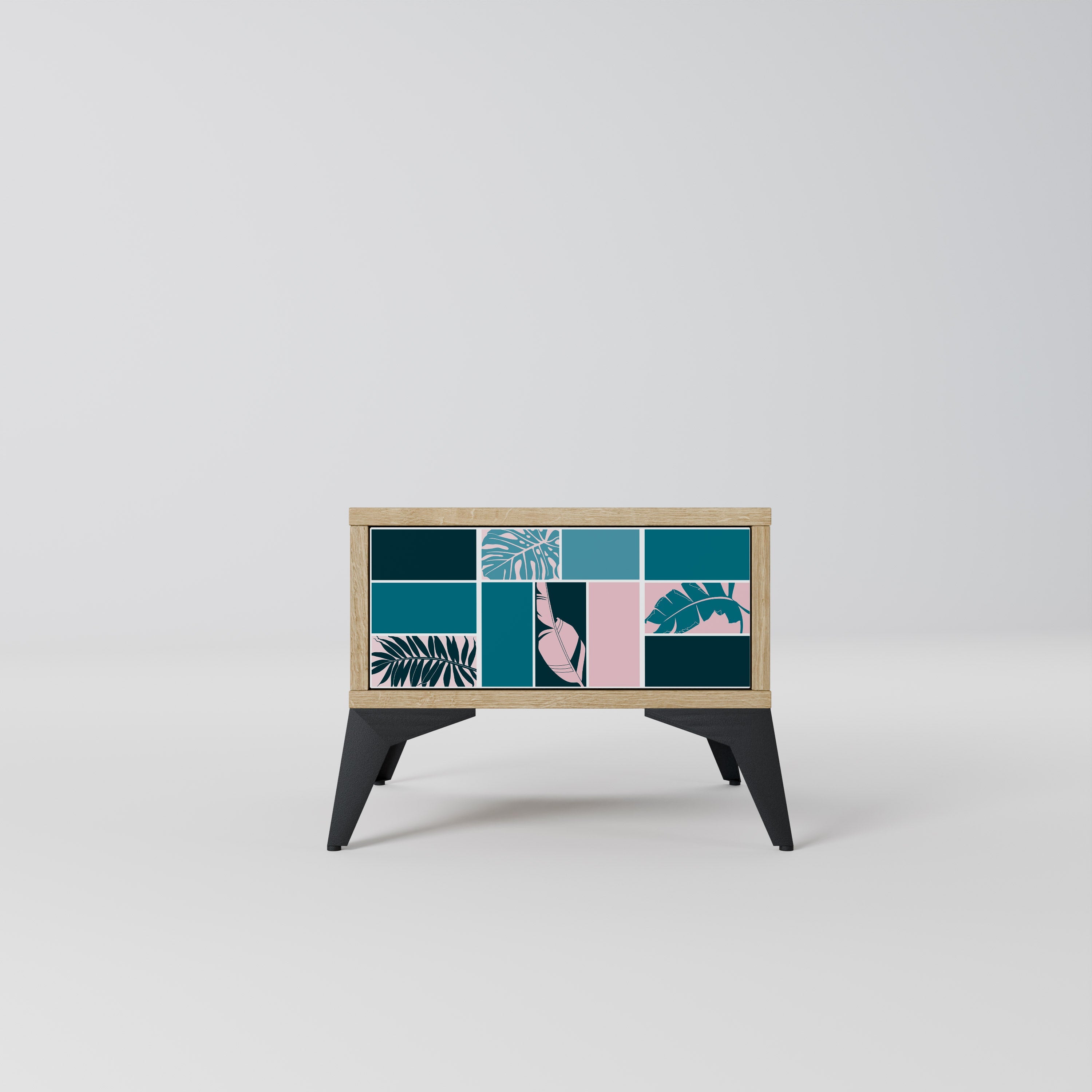 COMBINAISON DE FORMES Table de chevet effet chêne