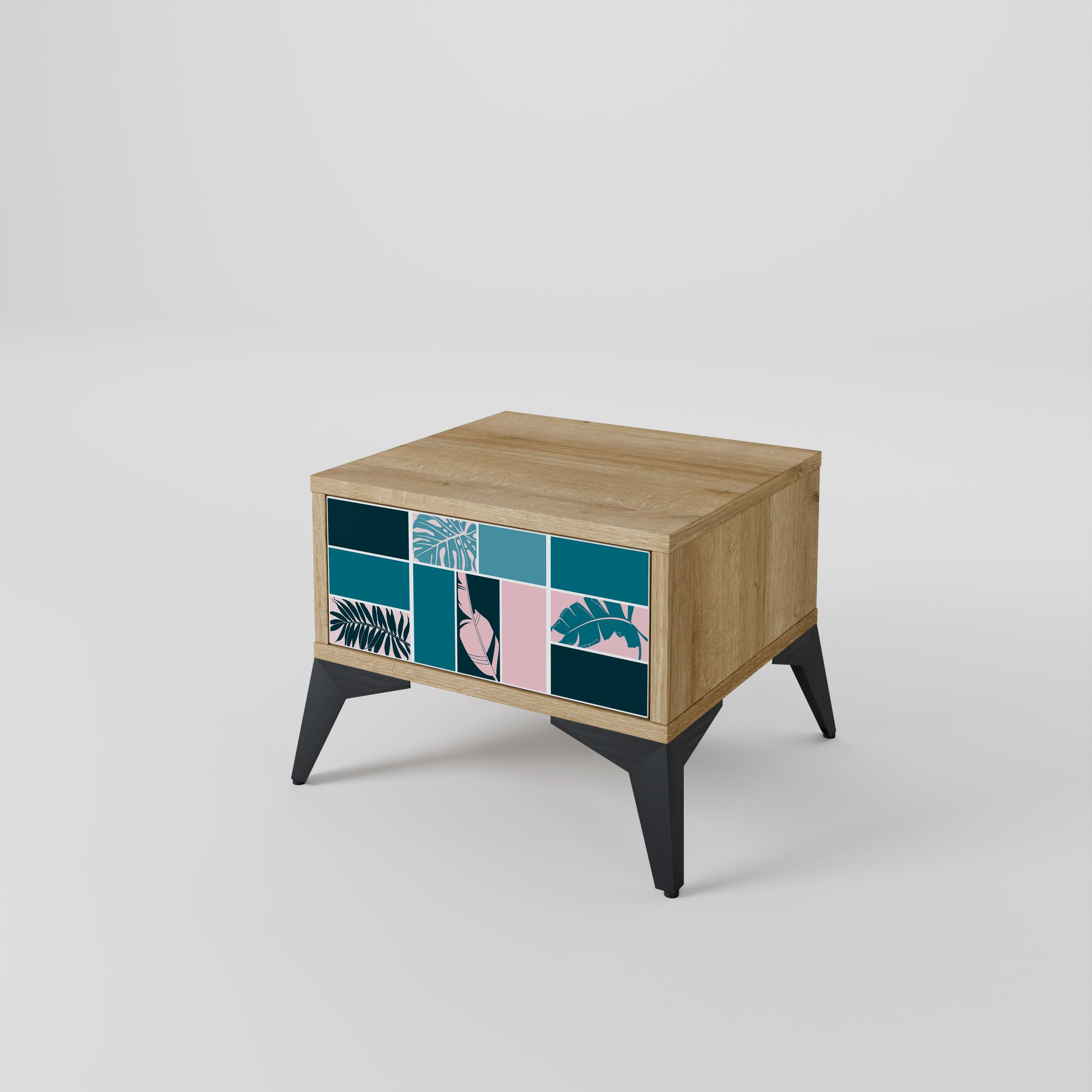 COMBINAISON DE FORMES Table de chevet effet chêne