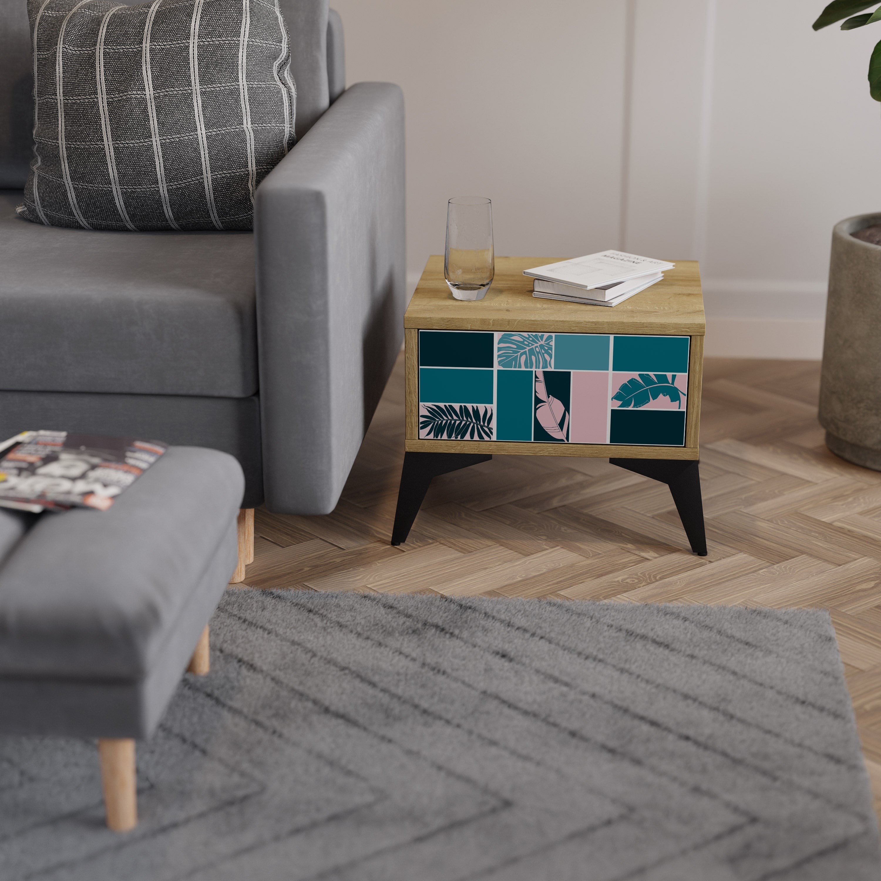 COMBINAISON DE FORMES Table de chevet effet chêne