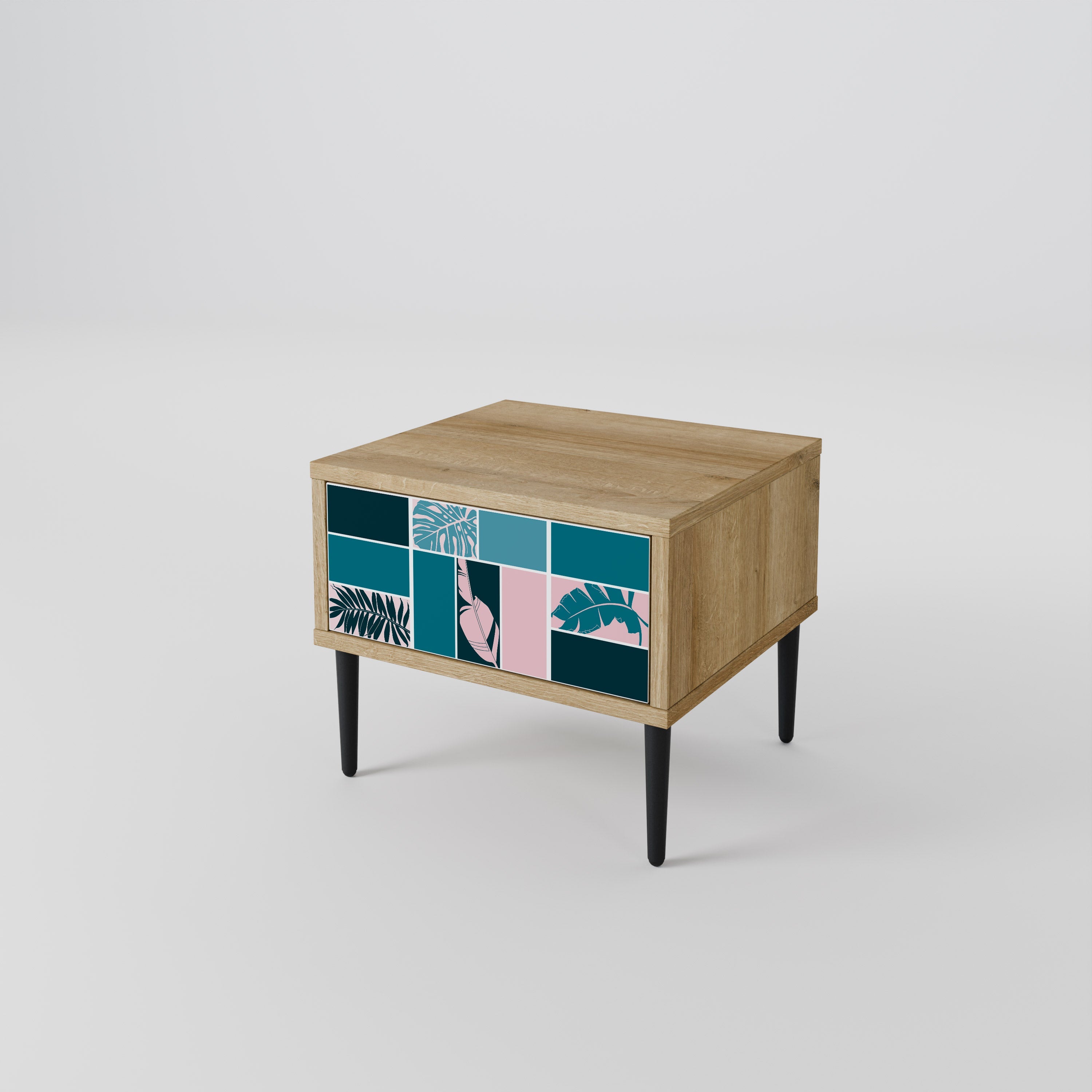 COMBINAISON DE FORMES Table de chevet effet chêne