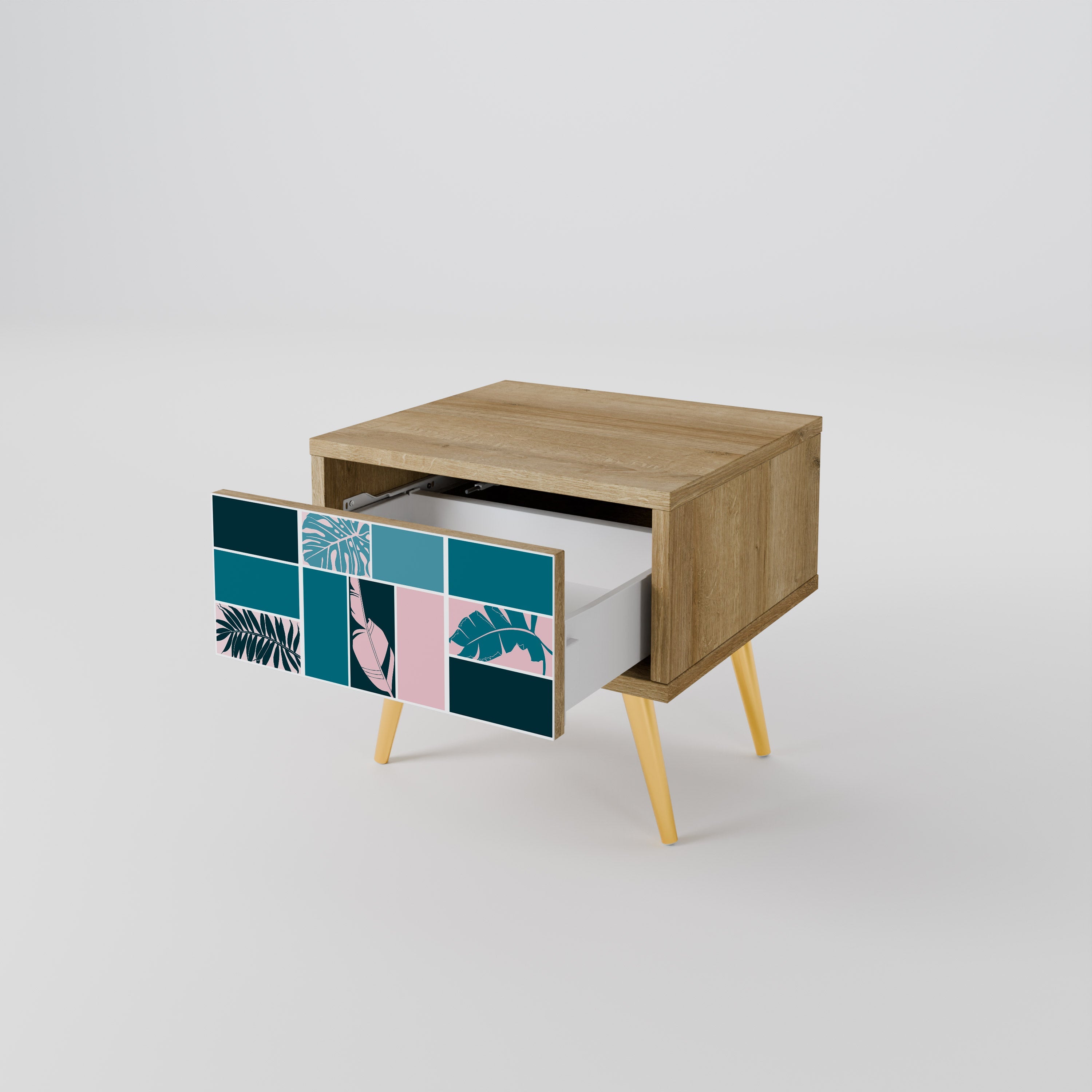 COMBINAISON DE FORMES Table de chevet effet chêne