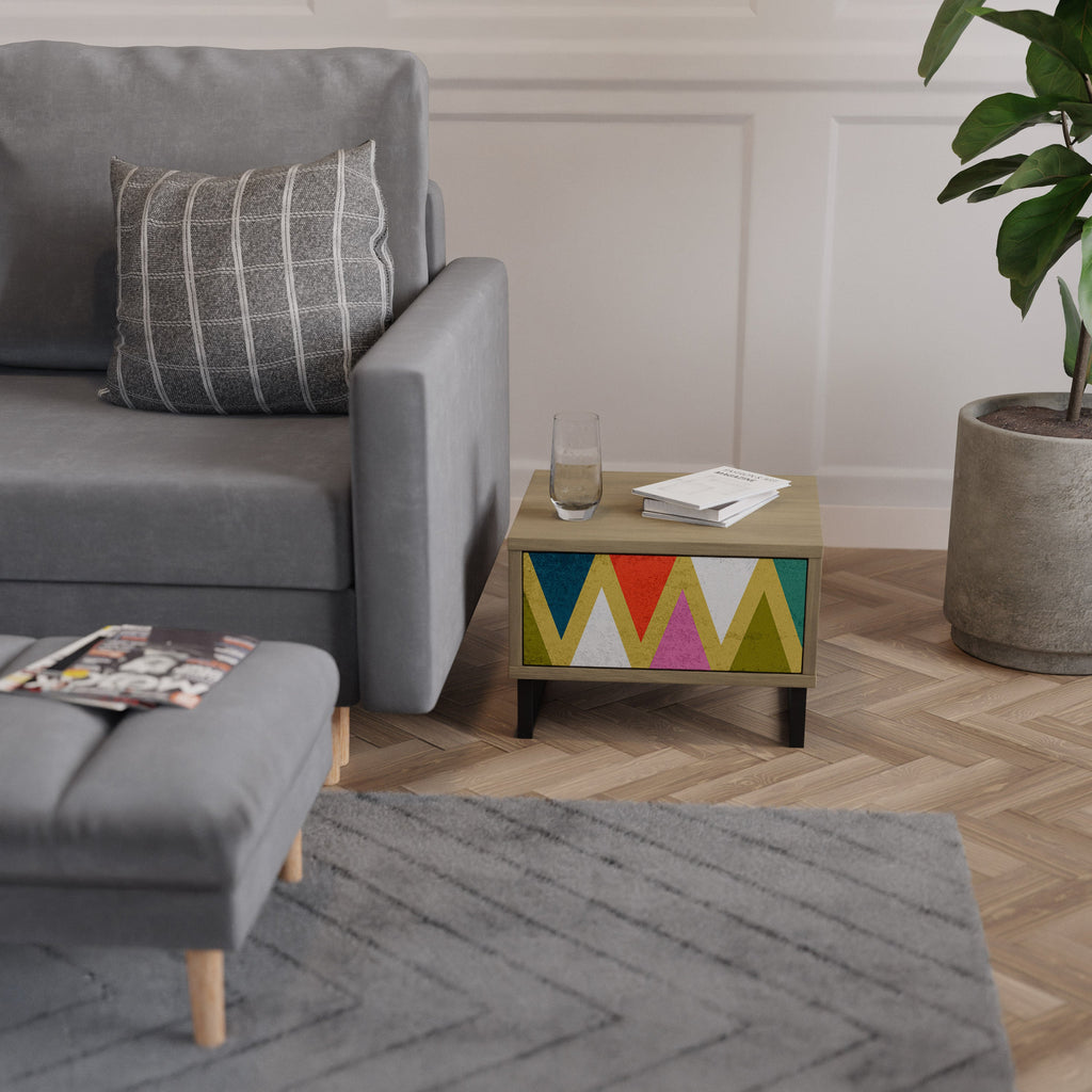 Table de chevet TRIANGLES COLORÉS effet chêne