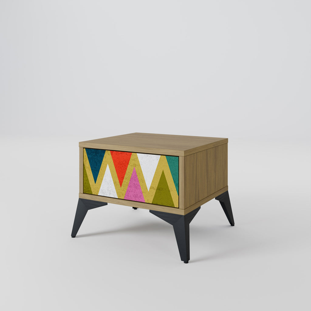 Table de chevet TRIANGLES COLORÉS effet chêne