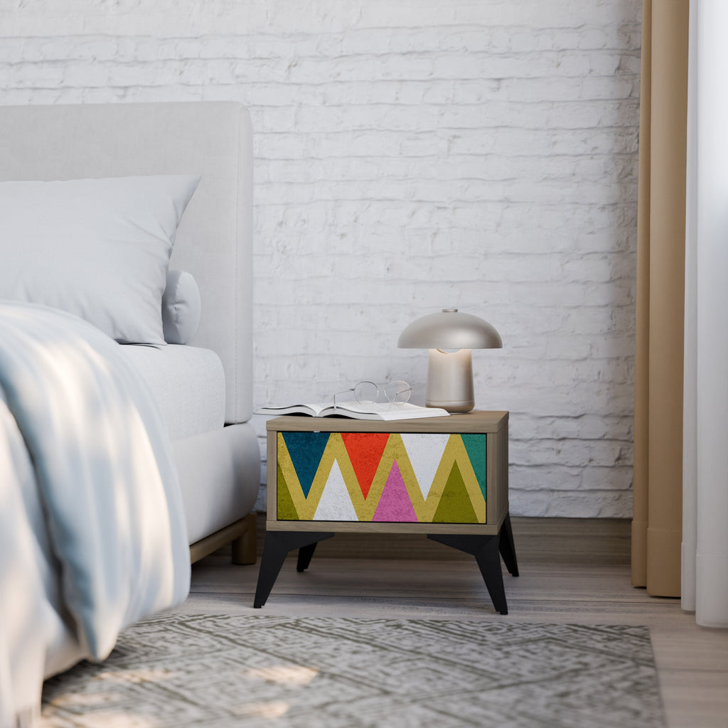 Table de chevet TRIANGLES COLORÉS effet chêne