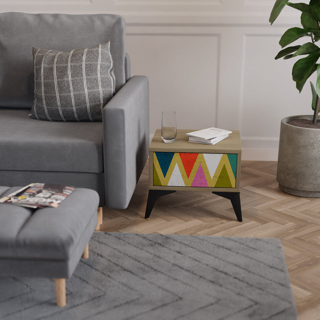 Table de chevet TRIANGLES COLORÉS effet chêne