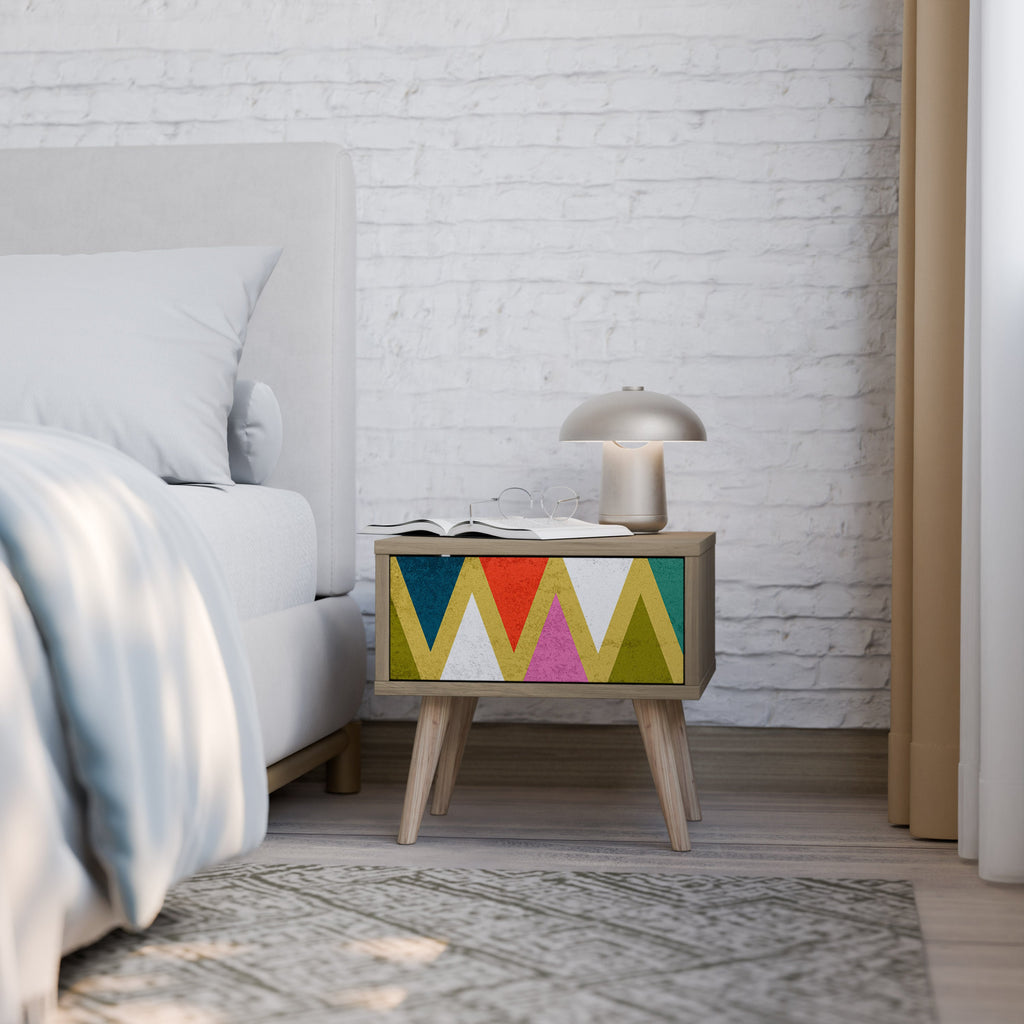 Table de chevet TRIANGLES COLORÉS effet chêne
