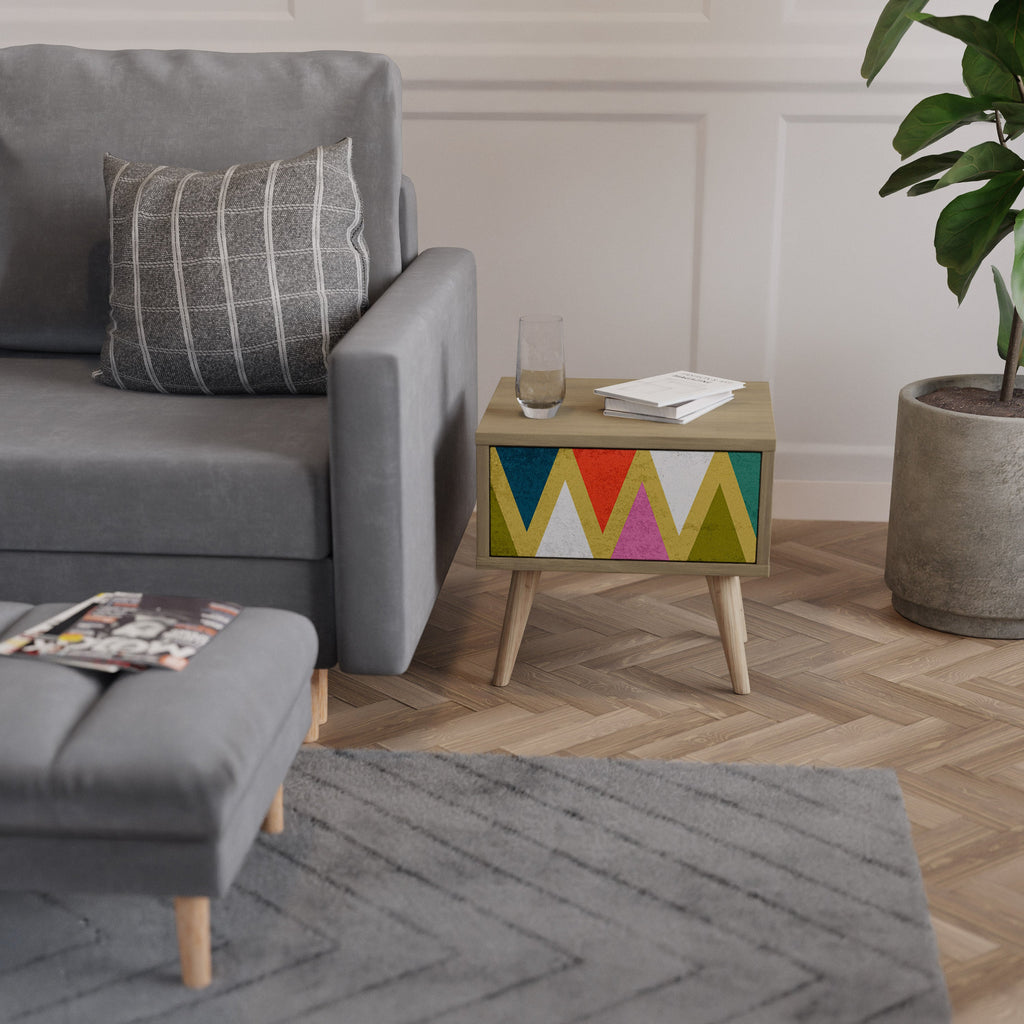 Table de chevet TRIANGLES COLORÉS effet chêne