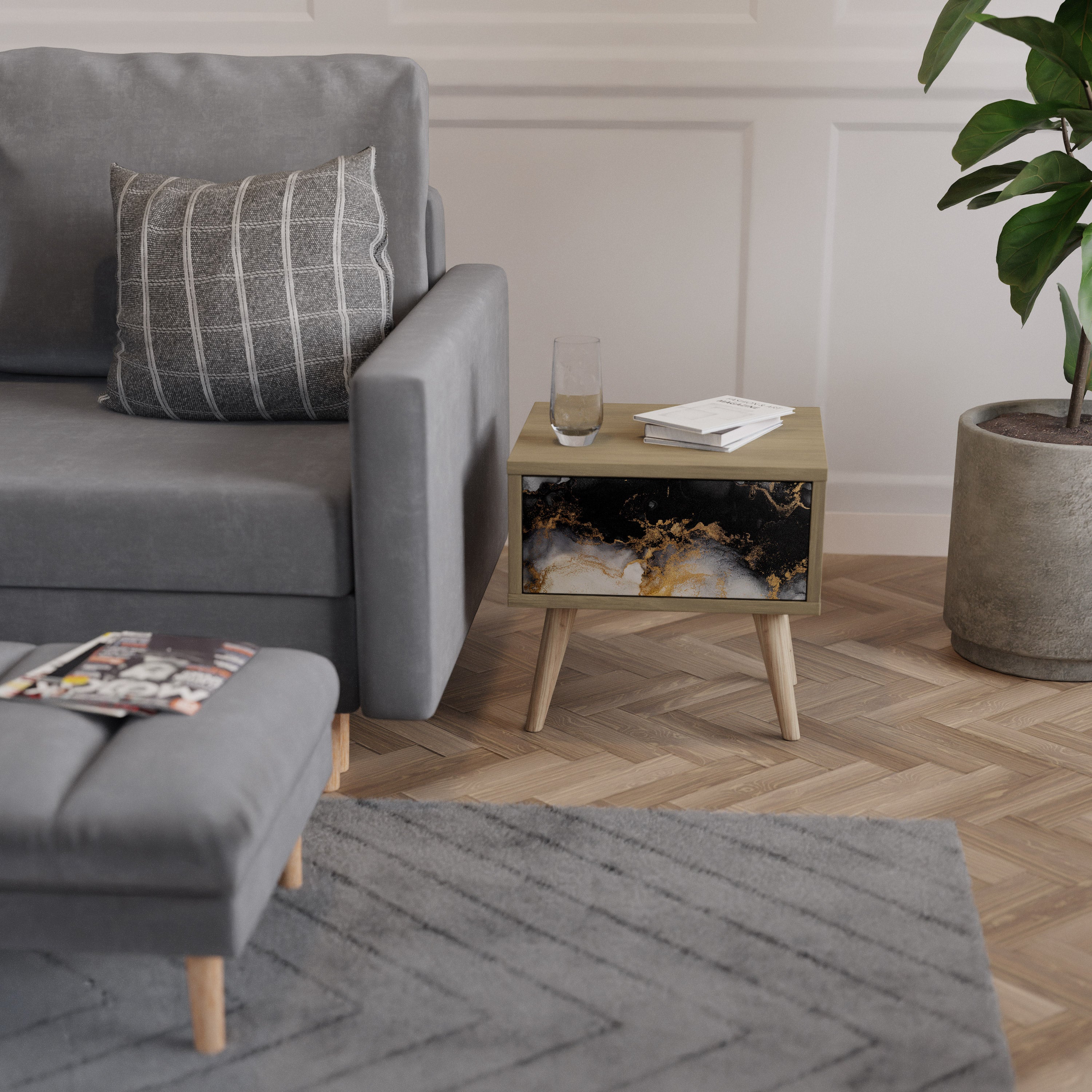 MARBLE OF TOMMORROW Nightstand in Oak Effect