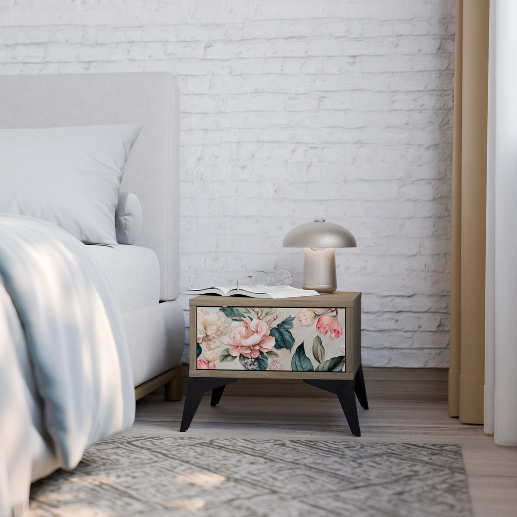 FLORAL GRACE Nightstand in Oak Effect