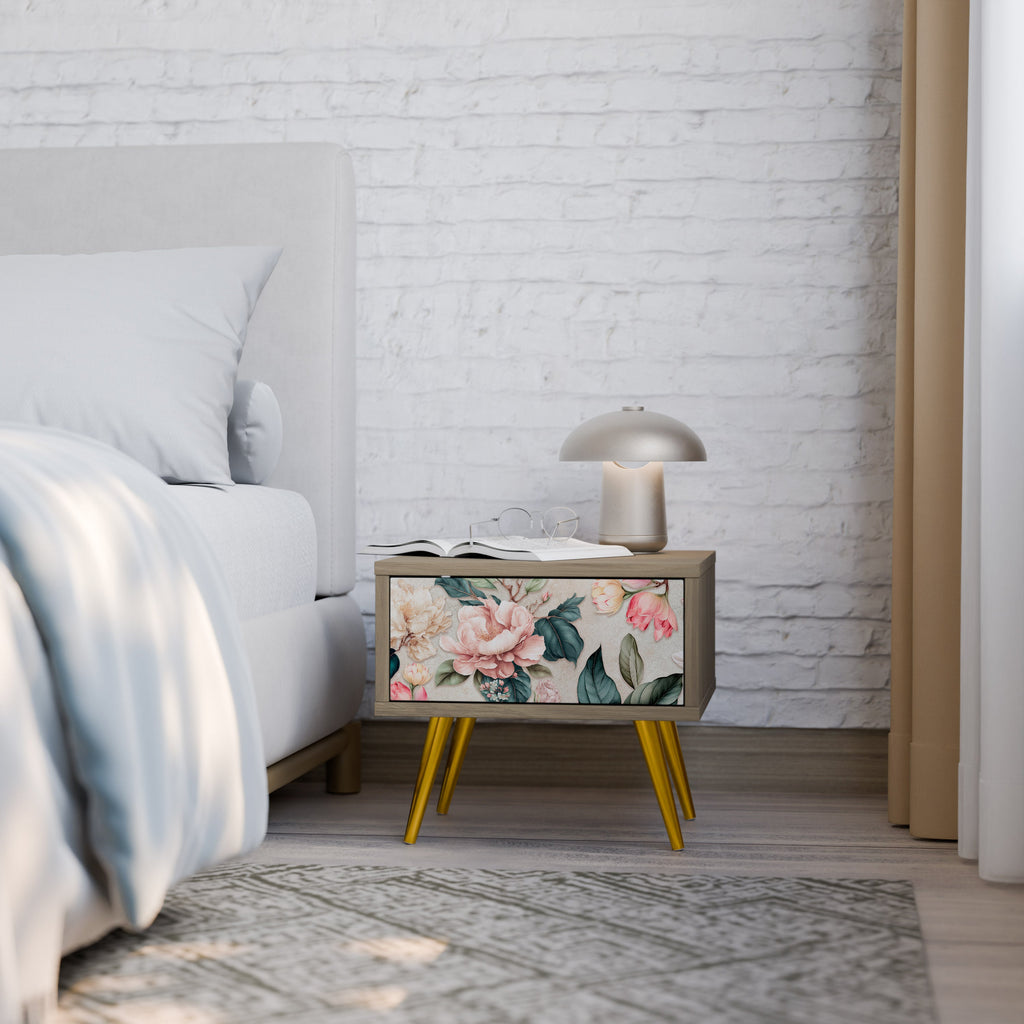 FLORAL GRACE Nightstand in Oak Effect