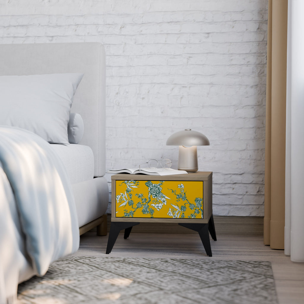 YELLOW CHINOISERIE Nightstand in Oak Effect