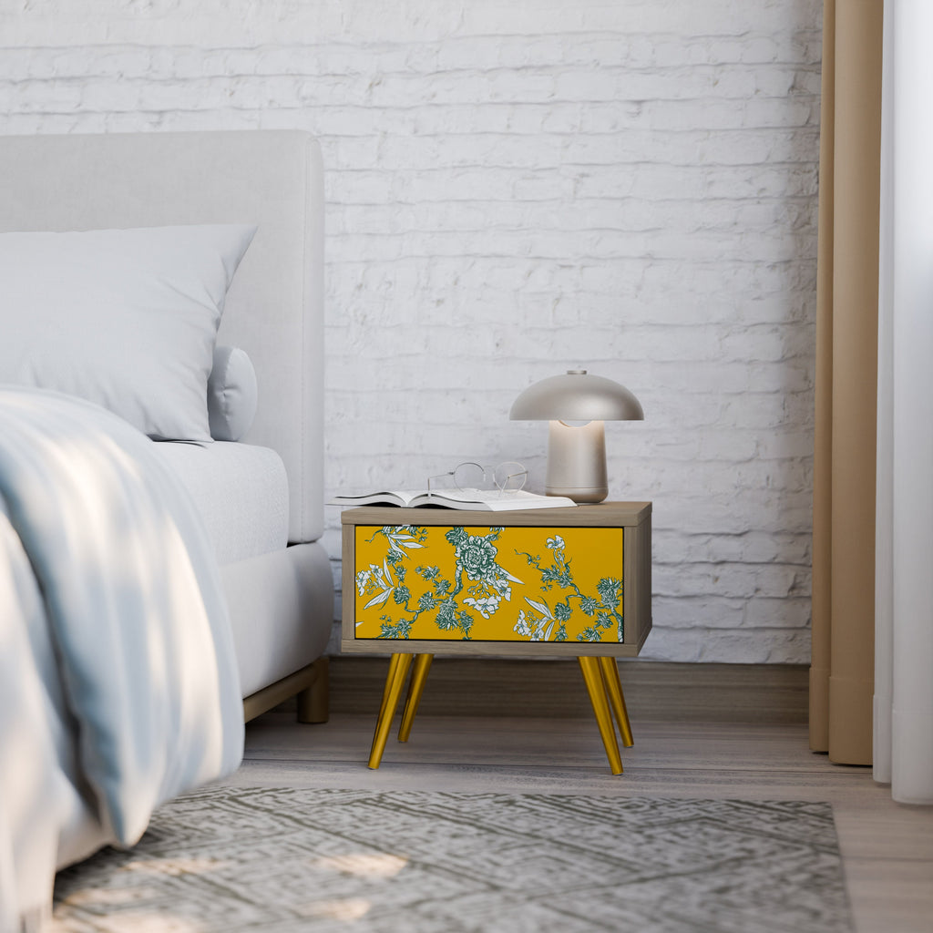 YELLOW CHINOISERIE Nightstand in Oak Effect