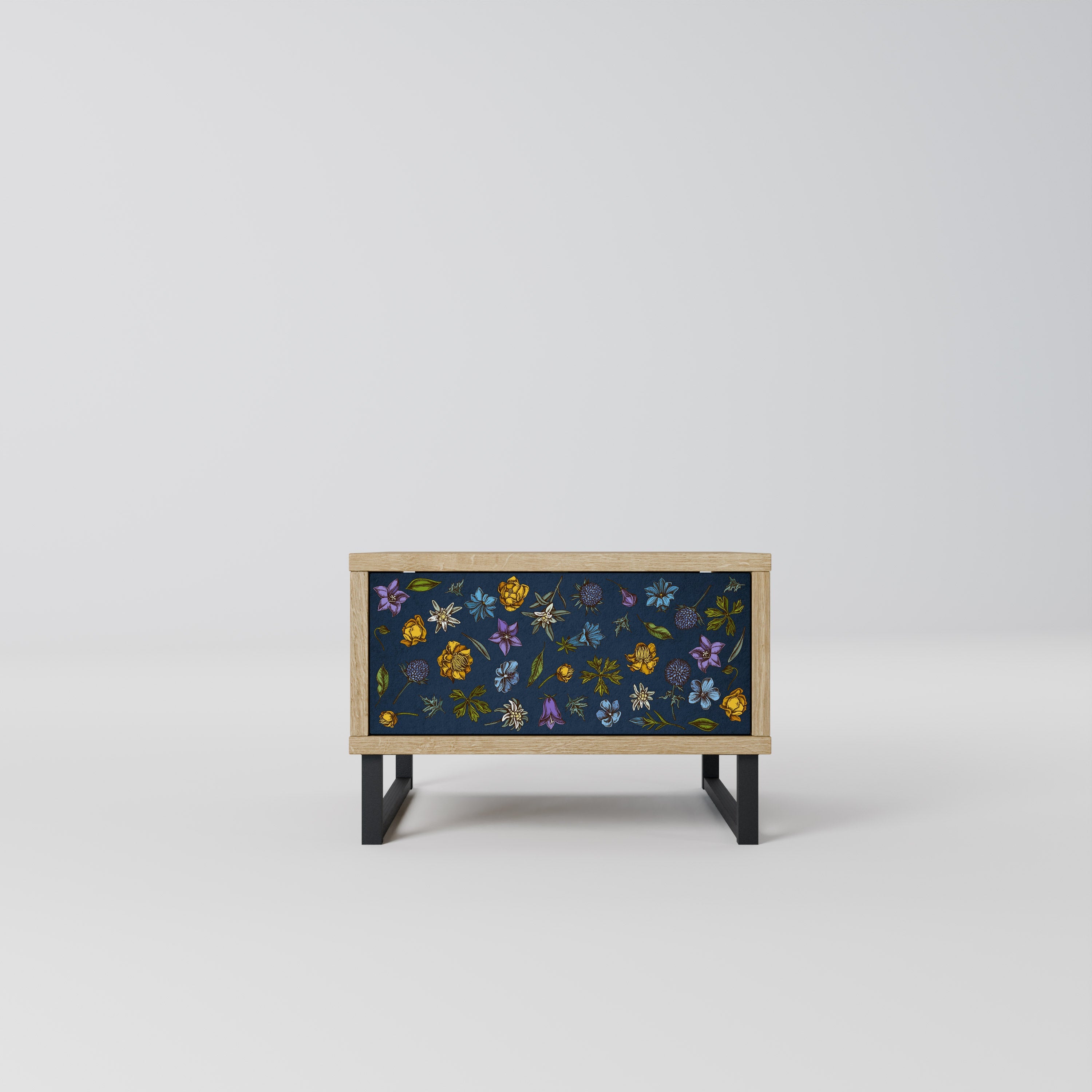 Table de chevet FLOWERS ON NAVY BLUE effet chêne