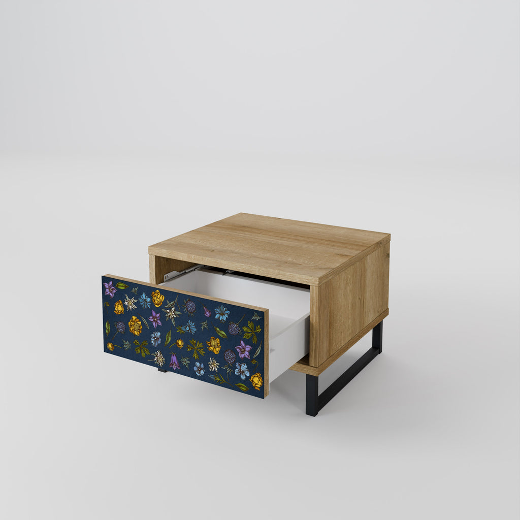 FLOWERS ON NAVY BLUE Nightstand in Oak Effect