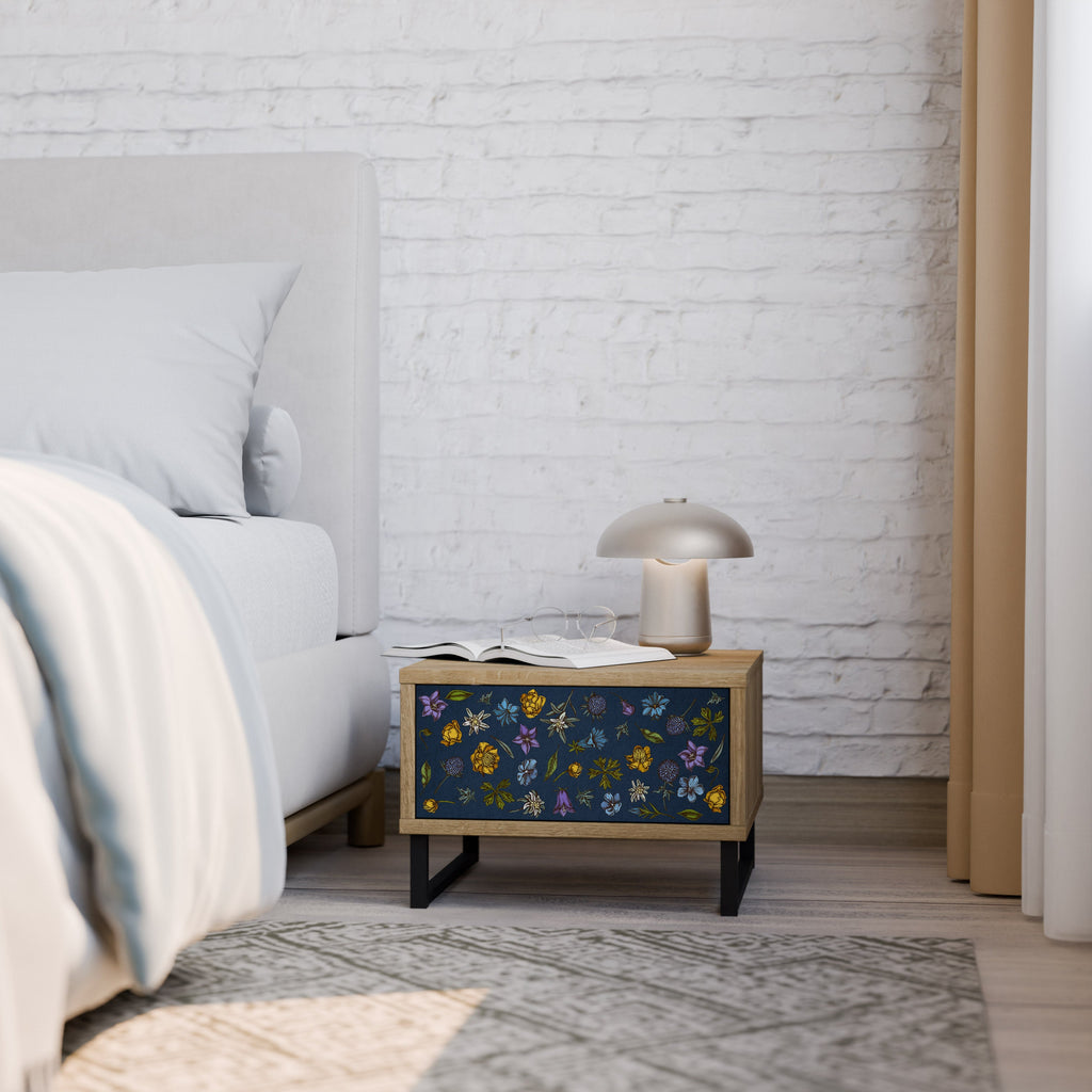 FLOWERS ON NAVY BLUE Nightstand in Oak Effect