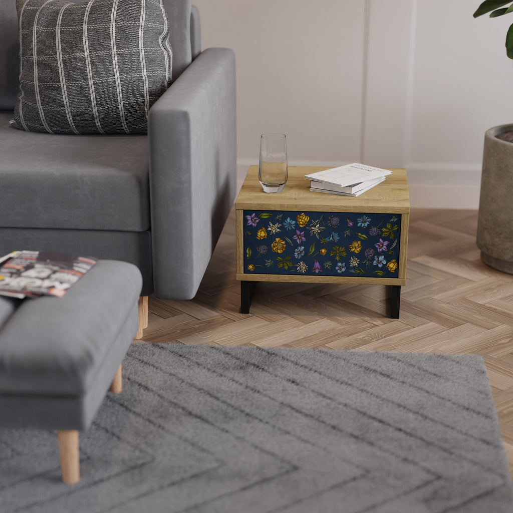FLOWERS ON NAVY BLUE Nightstand in Oak Effect