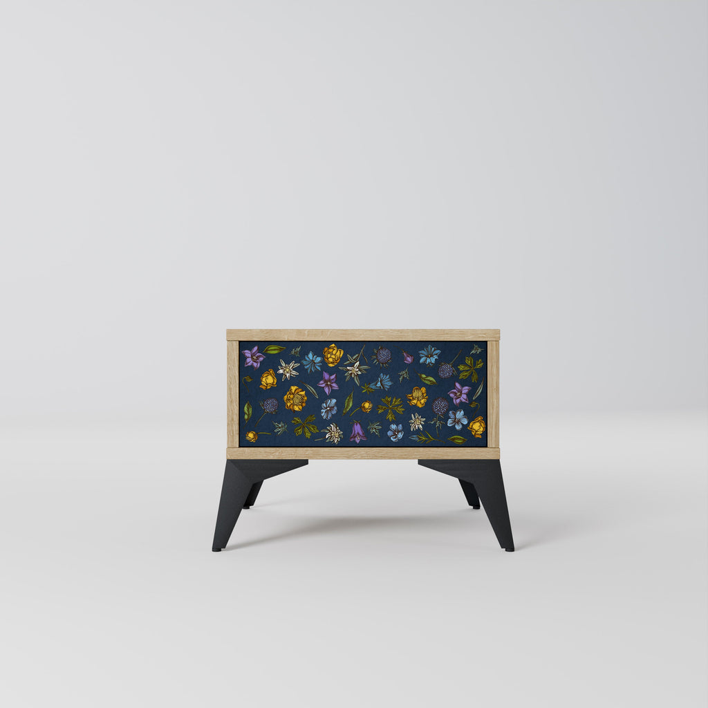 FLOWERS ON NAVY BLUE Nightstand in Oak Effect