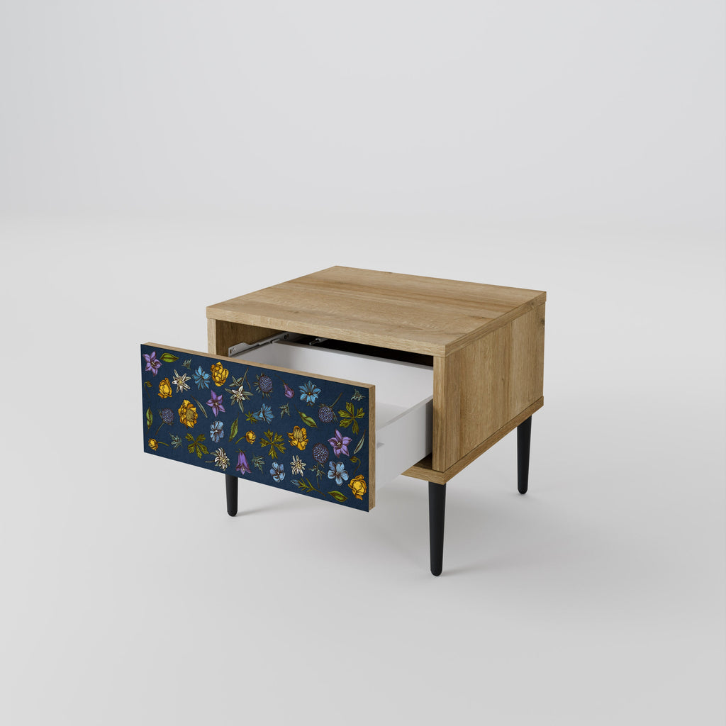 FLOWERS ON NAVY BLUE Nightstand in Oak Effect