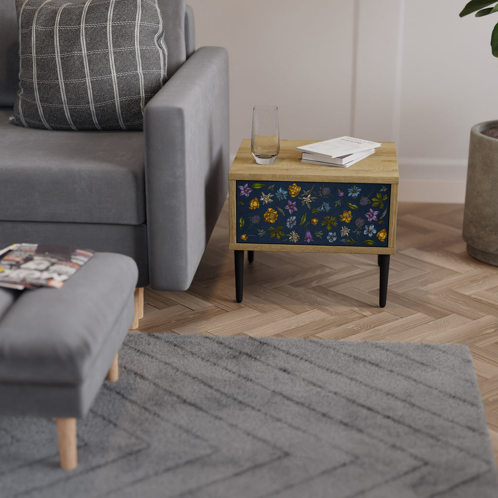FLOWERS ON NAVY BLUE Nightstand in Oak Effect