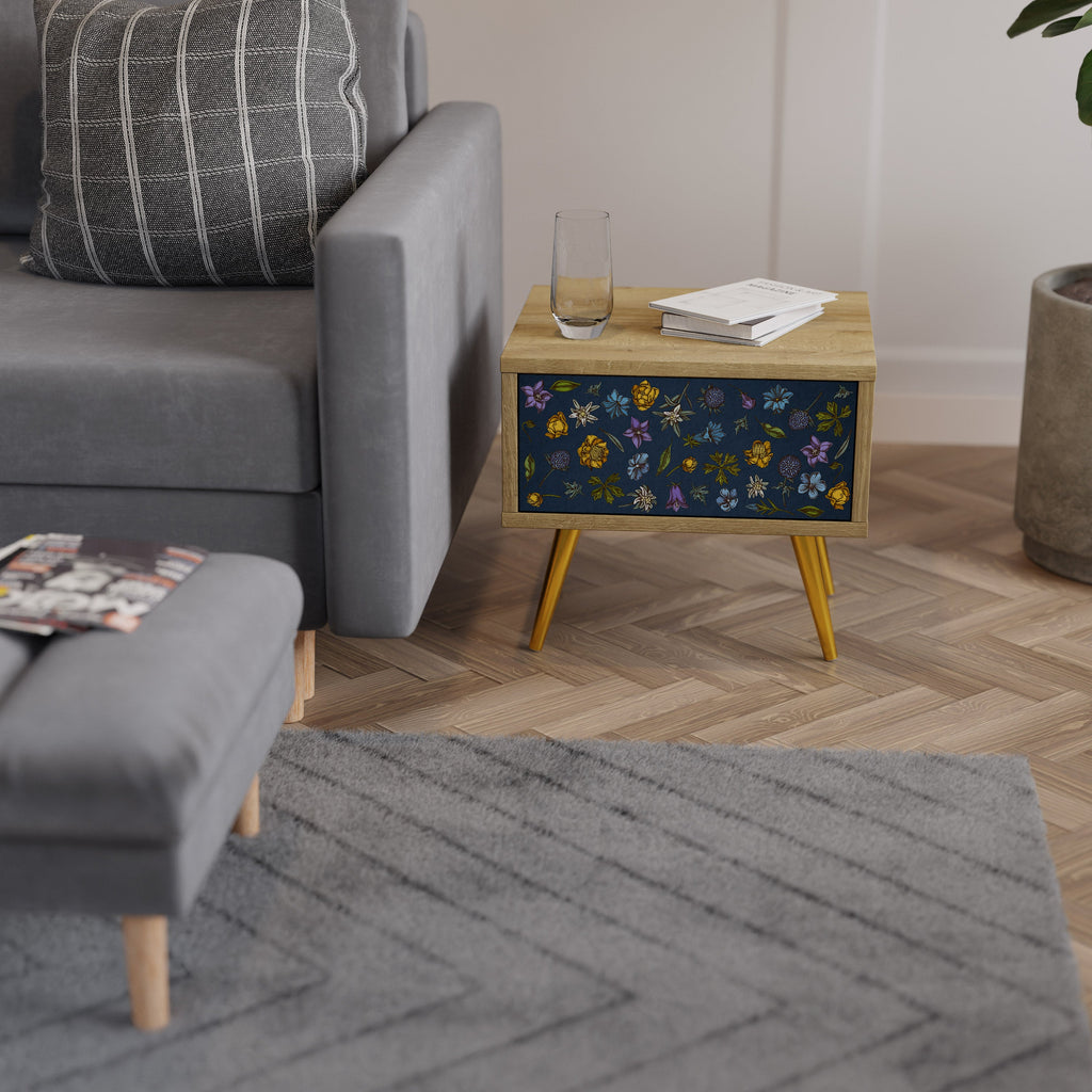 FLOWERS ON NAVY BLUE Nightstand in Oak Effect