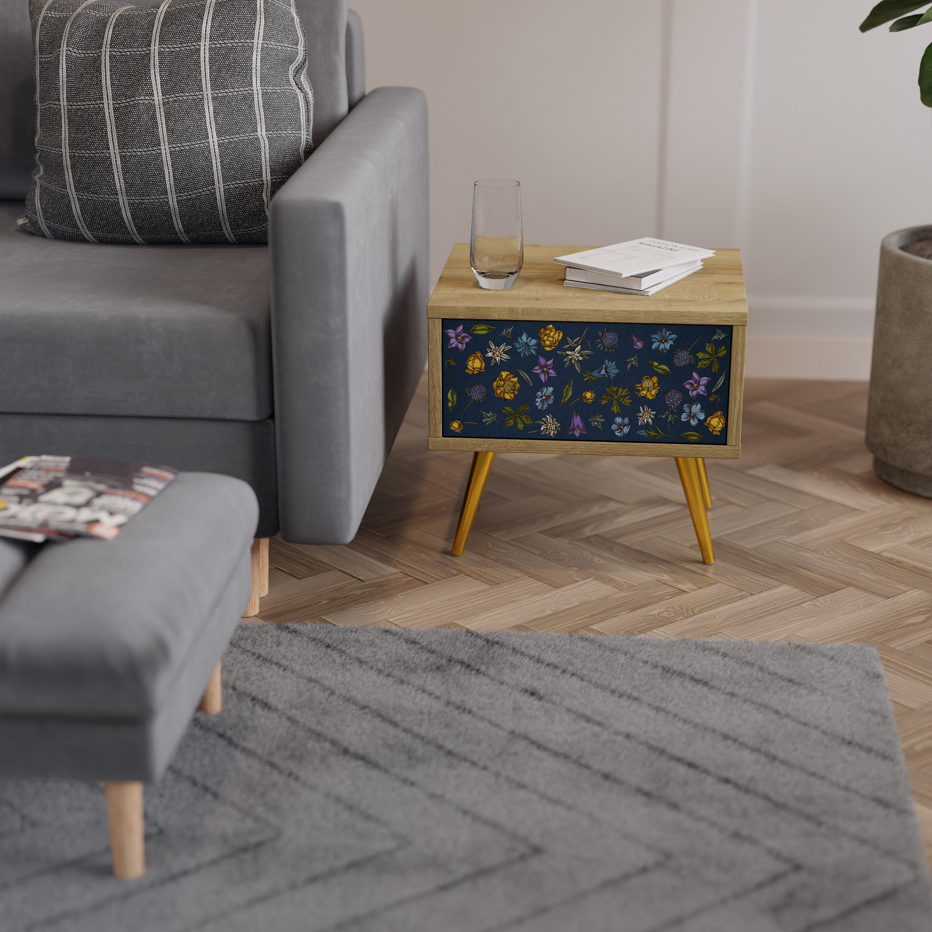 Table de chevet FLOWERS ON NAVY BLUE effet chêne