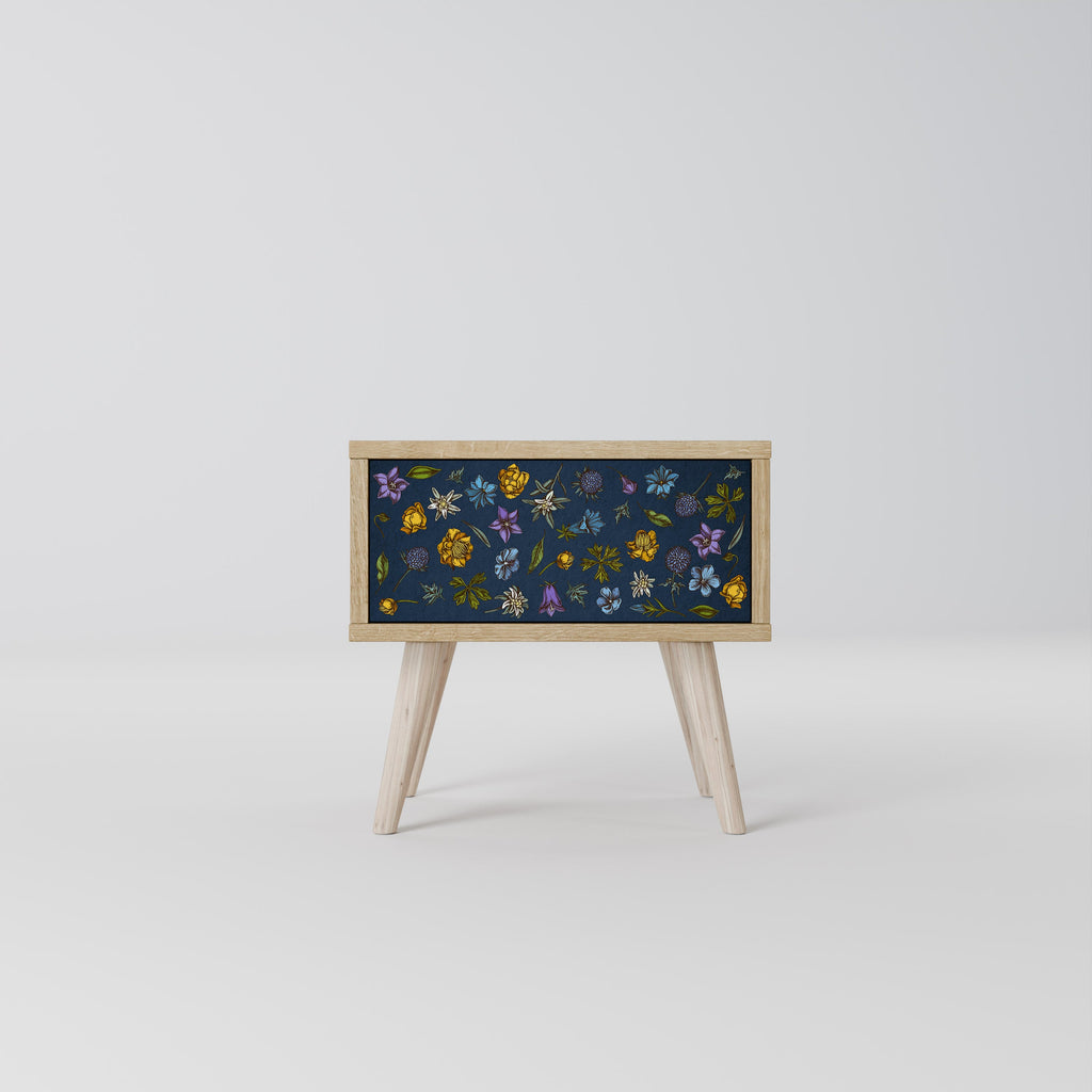 FLOWERS ON NAVY BLUE Nightstand in Oak Effect