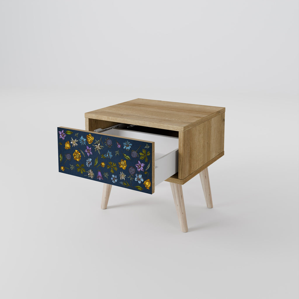 FLOWERS ON NAVY BLUE Nightstand in Oak Effect