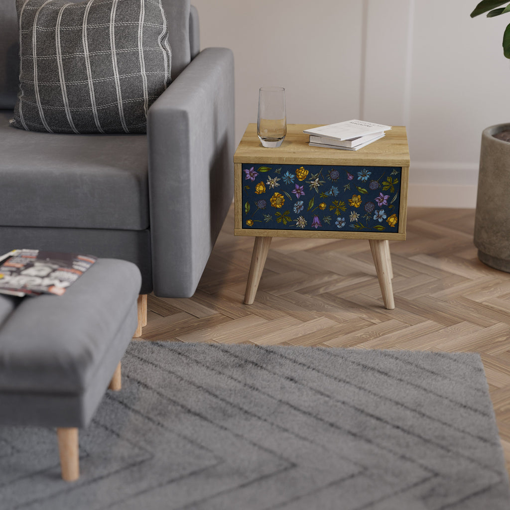 FLOWERS ON NAVY BLUE Nightstand in Oak Effect