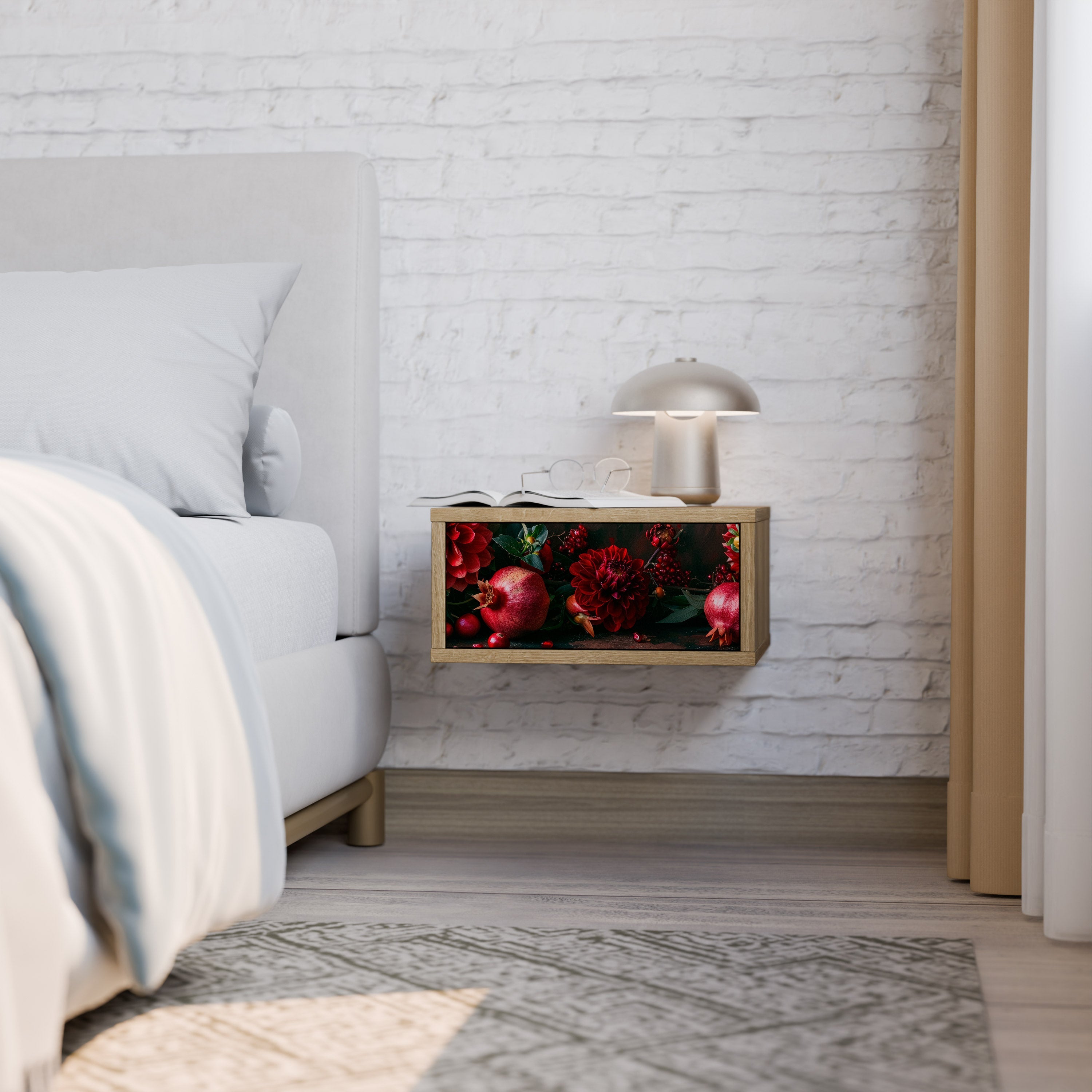 Table de chevet DAHLIAS ET GRENADES effet chêne