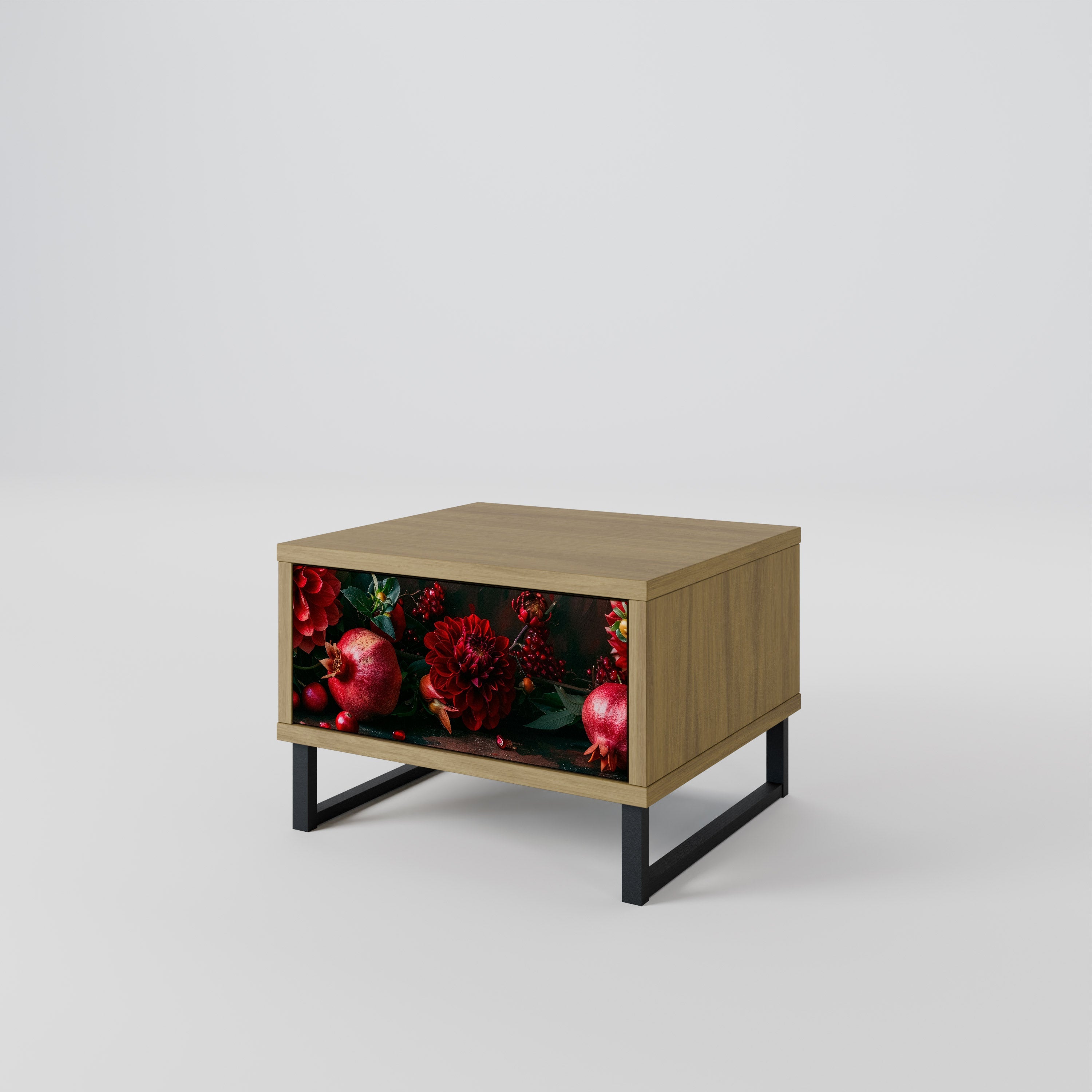 Table de chevet DAHLIAS ET GRENADES effet chêne