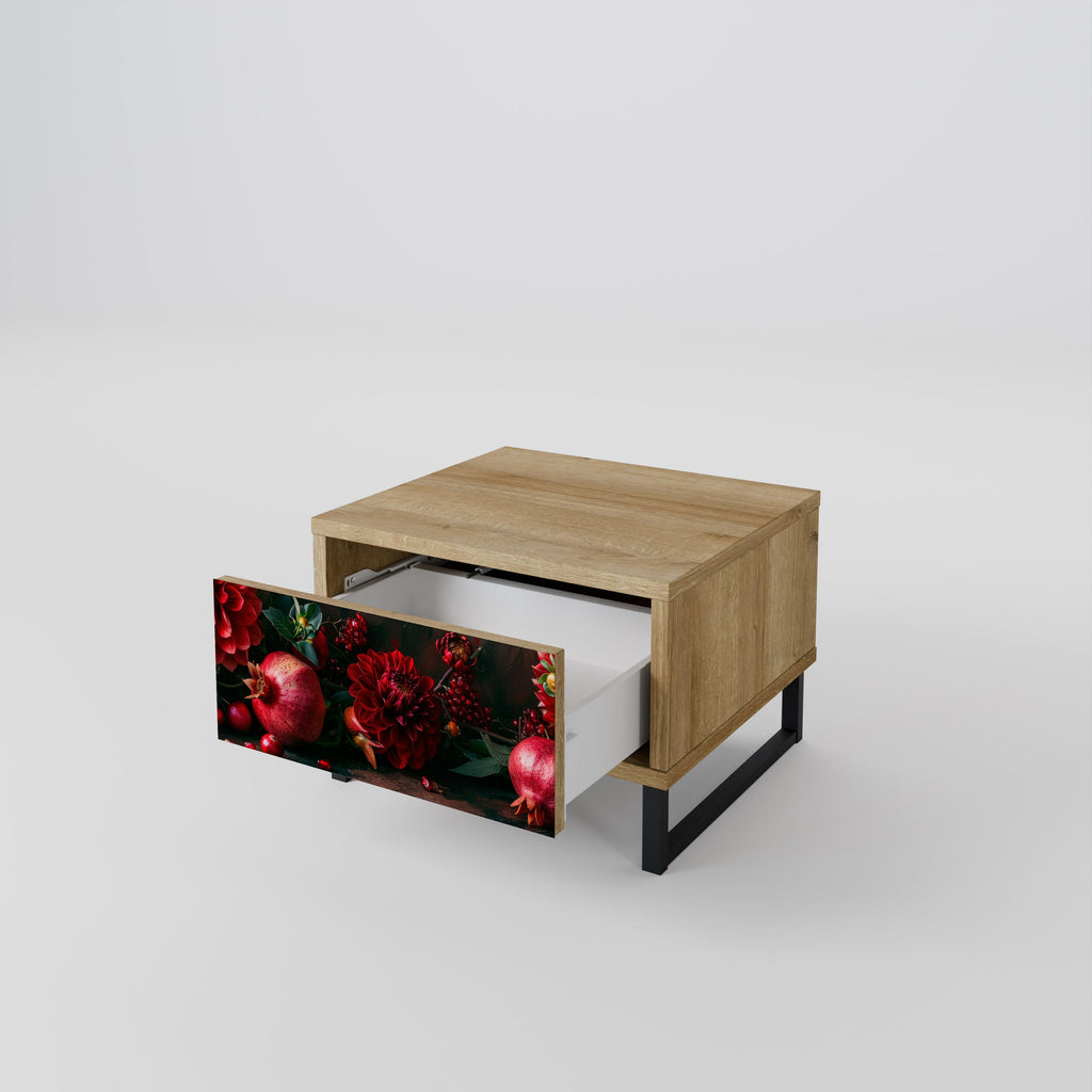 Table de chevet DAHLIAS ET GRENADES effet chêne