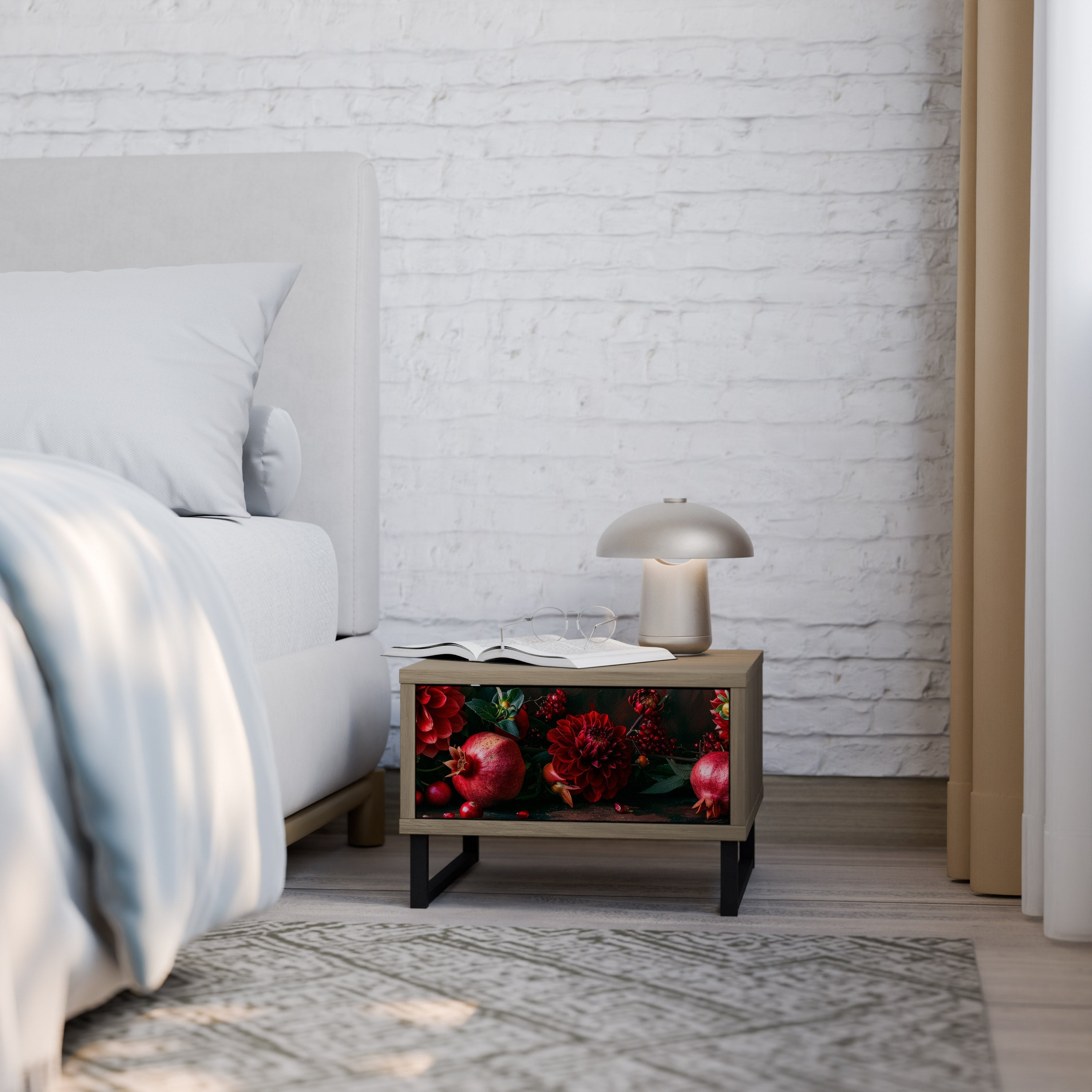 Table de chevet DAHLIAS ET GRENADES effet chêne