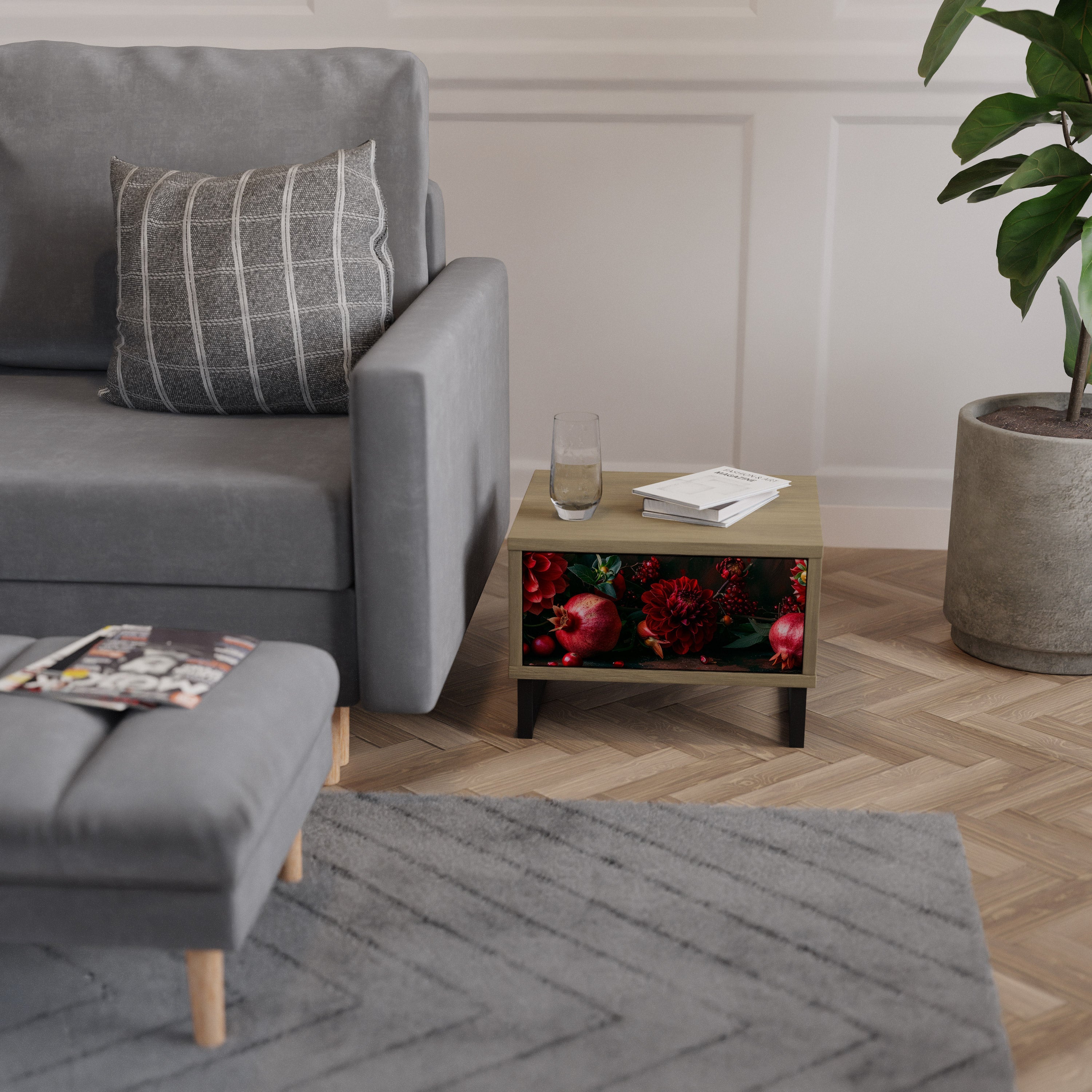 Table de chevet DAHLIAS ET GRENADES effet chêne