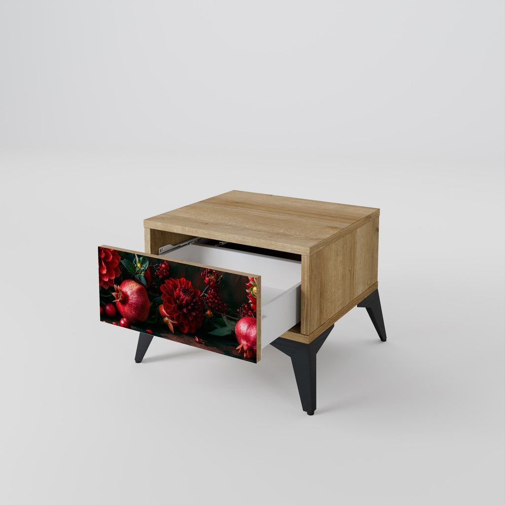 Table de chevet DAHLIAS ET GRENADES effet chêne