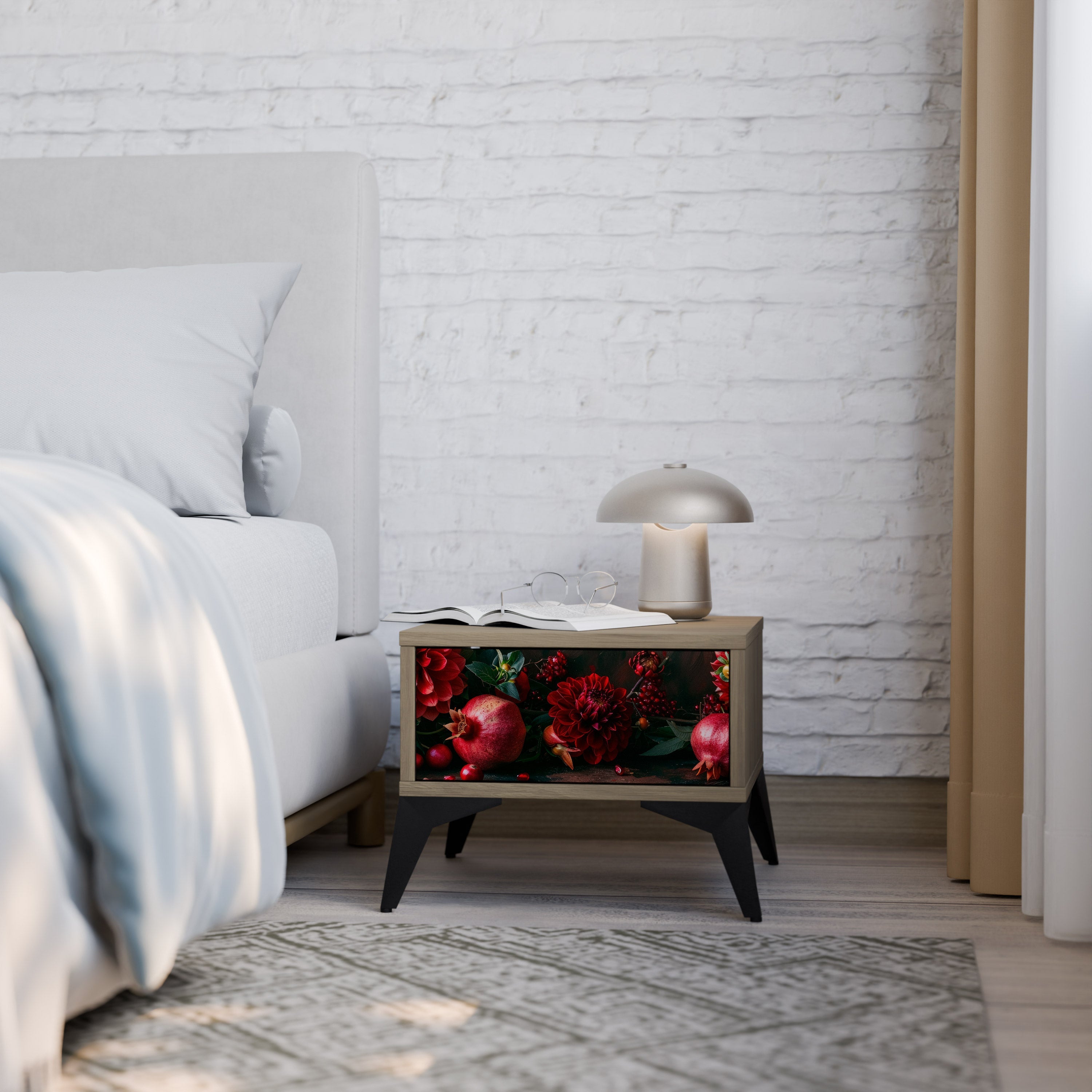 Table de chevet DAHLIAS ET GRENADES effet chêne