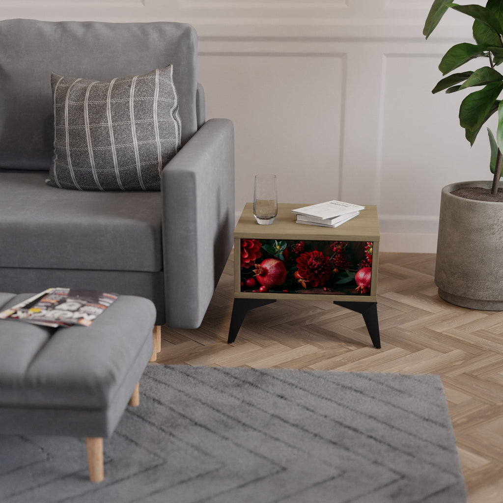 Table de chevet DAHLIAS ET GRENADES effet chêne