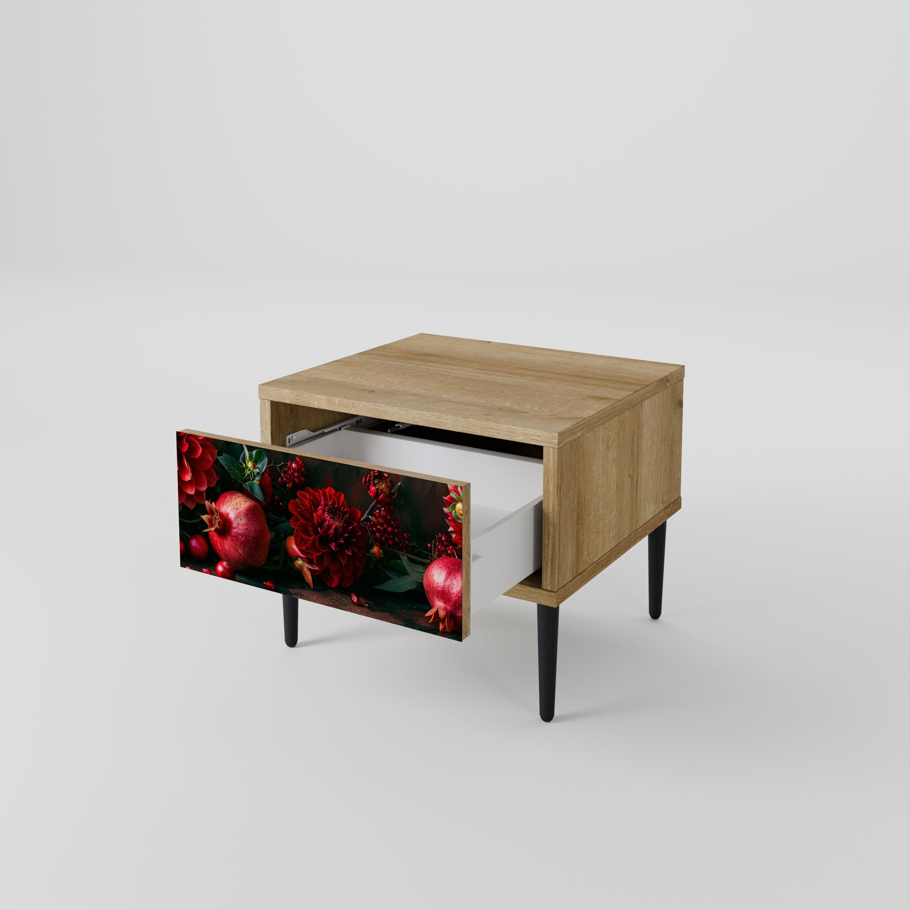 Table de chevet DAHLIAS ET GRENADES effet chêne